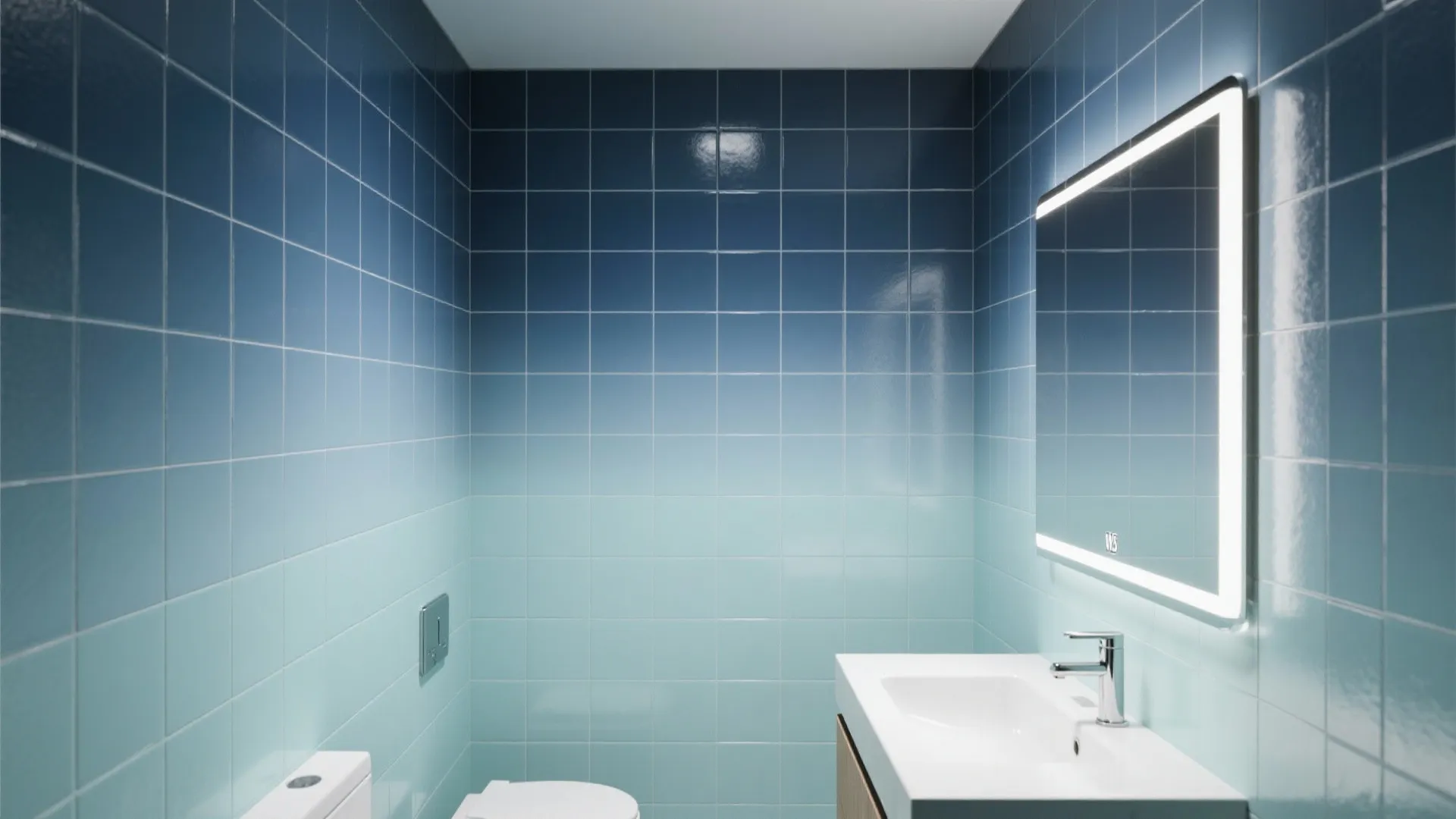 Ombre bathroom wall grading from seafoam to navy creating a taller, tranquil feel.