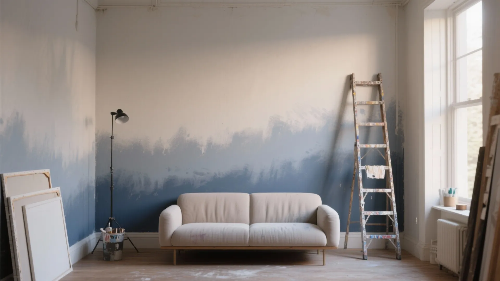 Living room with blue ombre wall paint white sofa floor lamp ladder and natural light