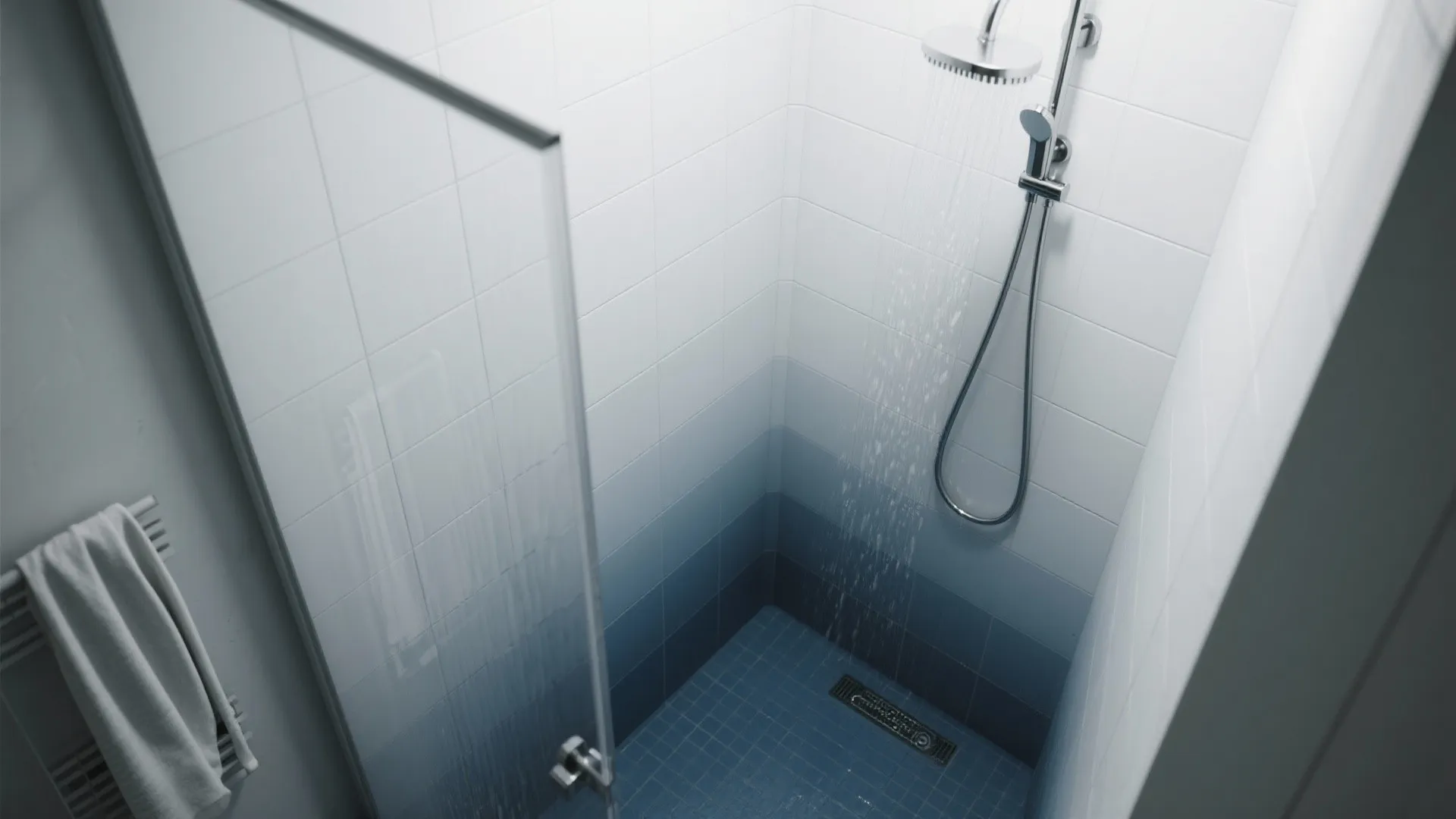Modern shower area with blue and white tiled walls plus a glass door and silver showerhead