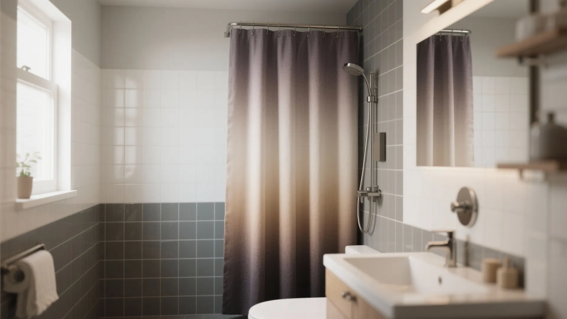 Brown and white ombre shower curtain in a modern bathroom with grey tiles and window