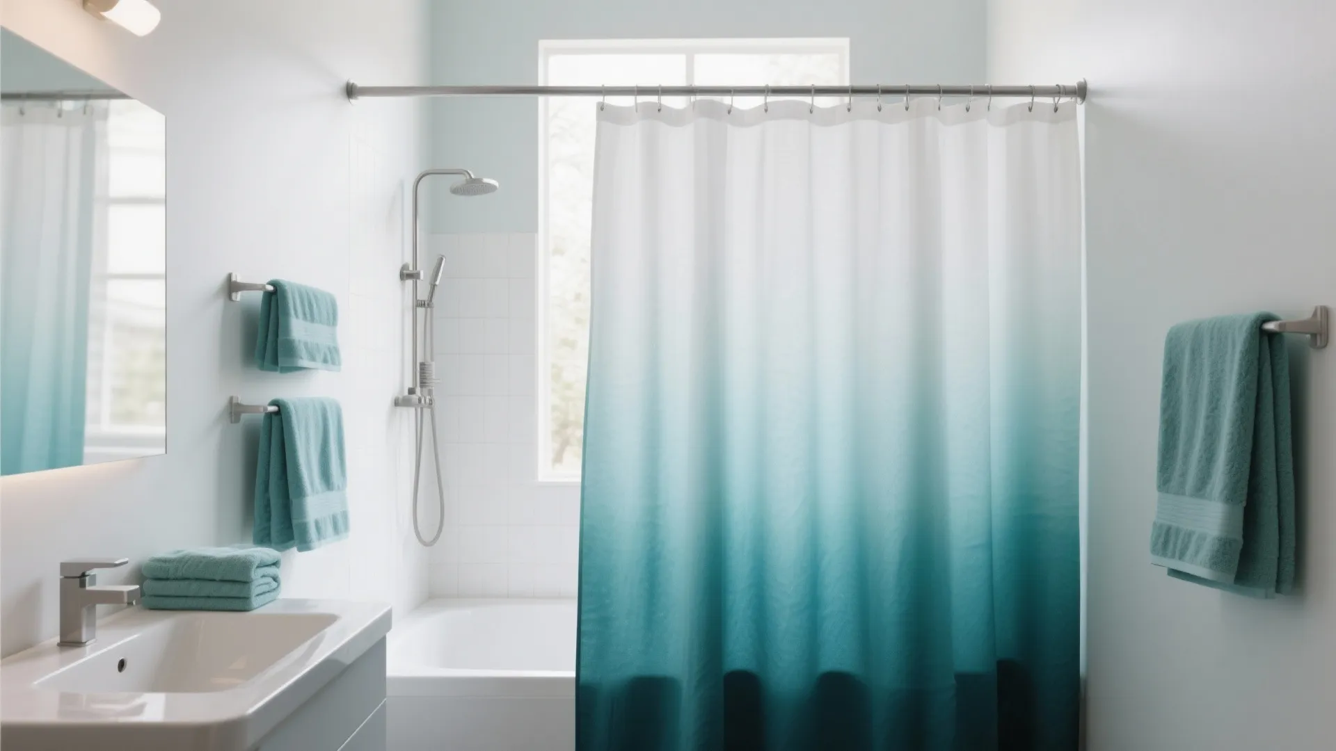 Modern bathroom with blue ombre shower curtain and matching blue towels hanging on light walls
