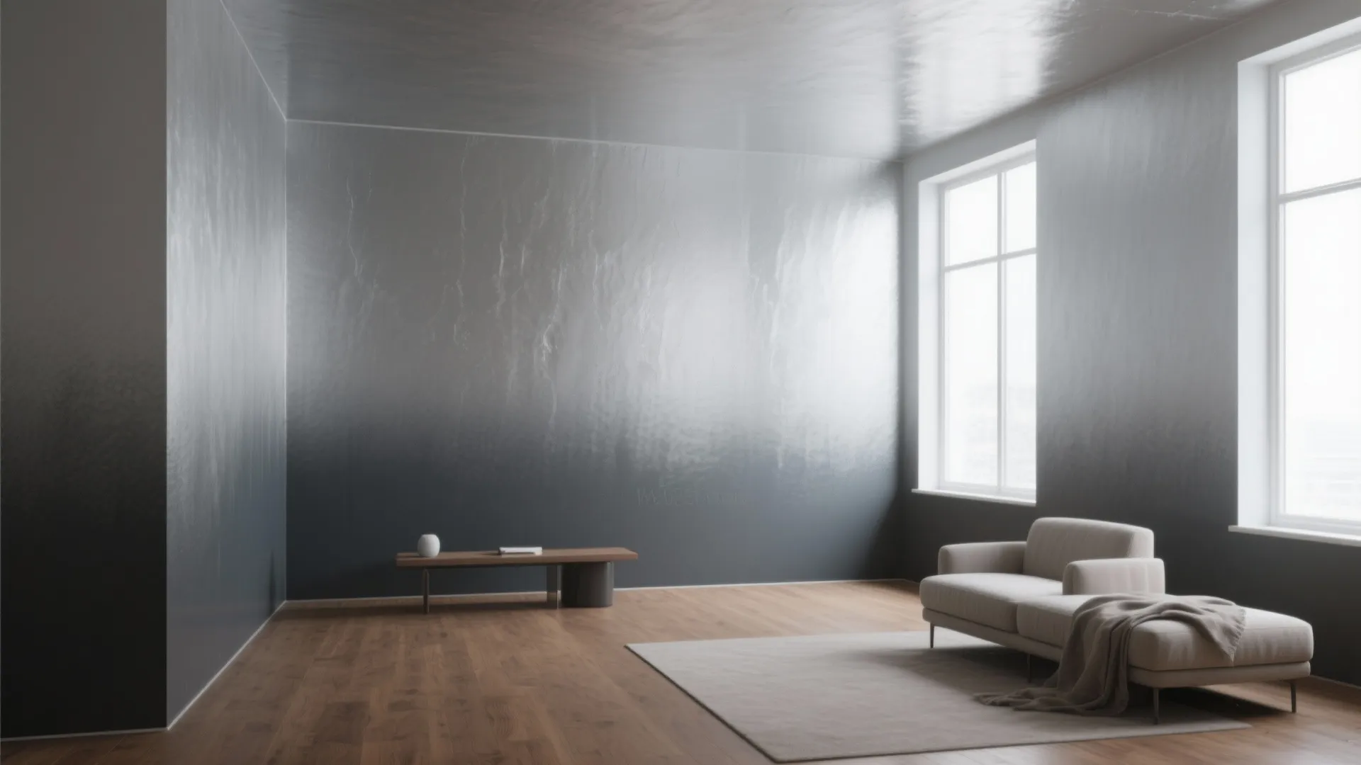 Minimalist living room with grey ombre wall design wooden floor white sofa rug and table