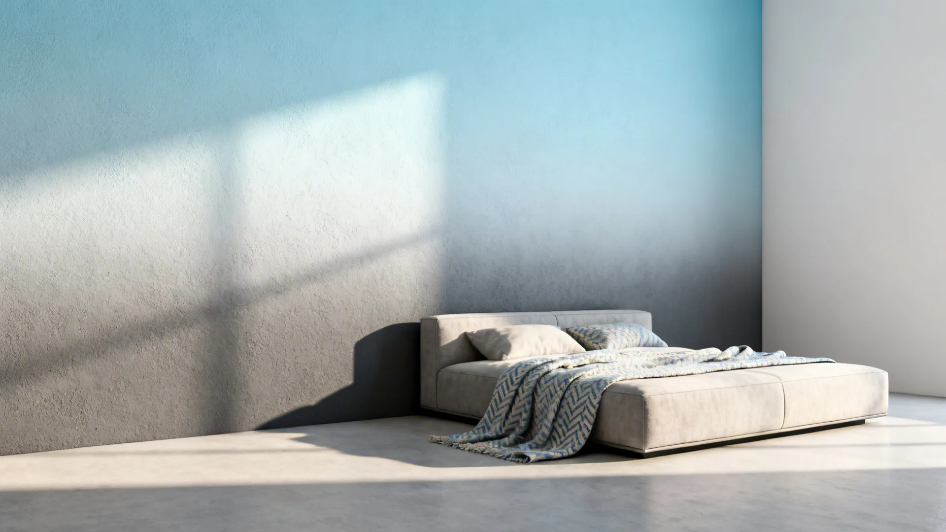 Small living area with a soft blue-to-slate ombre wall and minimalist furnishings.