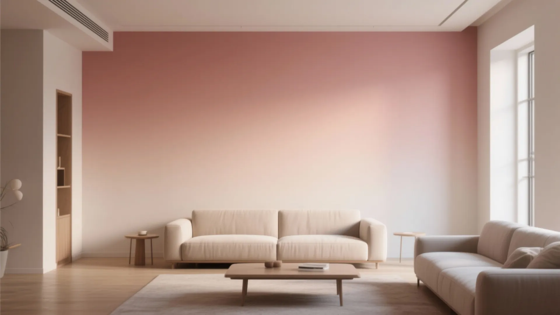 Living room featuring pink gradient wall, beige sofa, wooden coffee table, rug, and natural sunlight