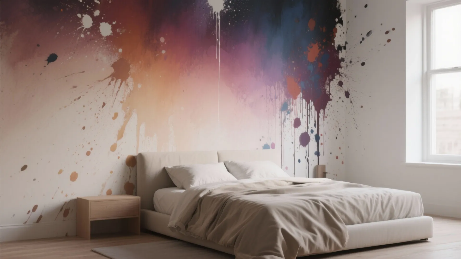 Modern bedroom featuring colorful paint splatter wall mural behind a beige bed with white pillows