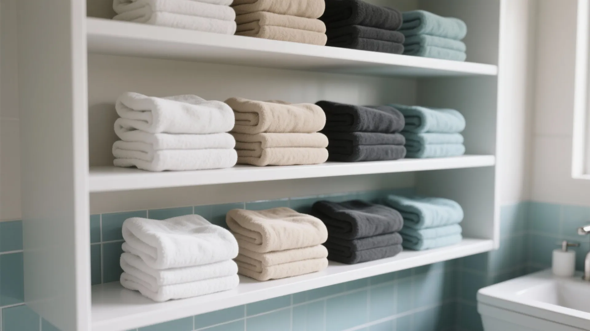 Open shelves with folded towels arranged in color-block and ombré palettes.