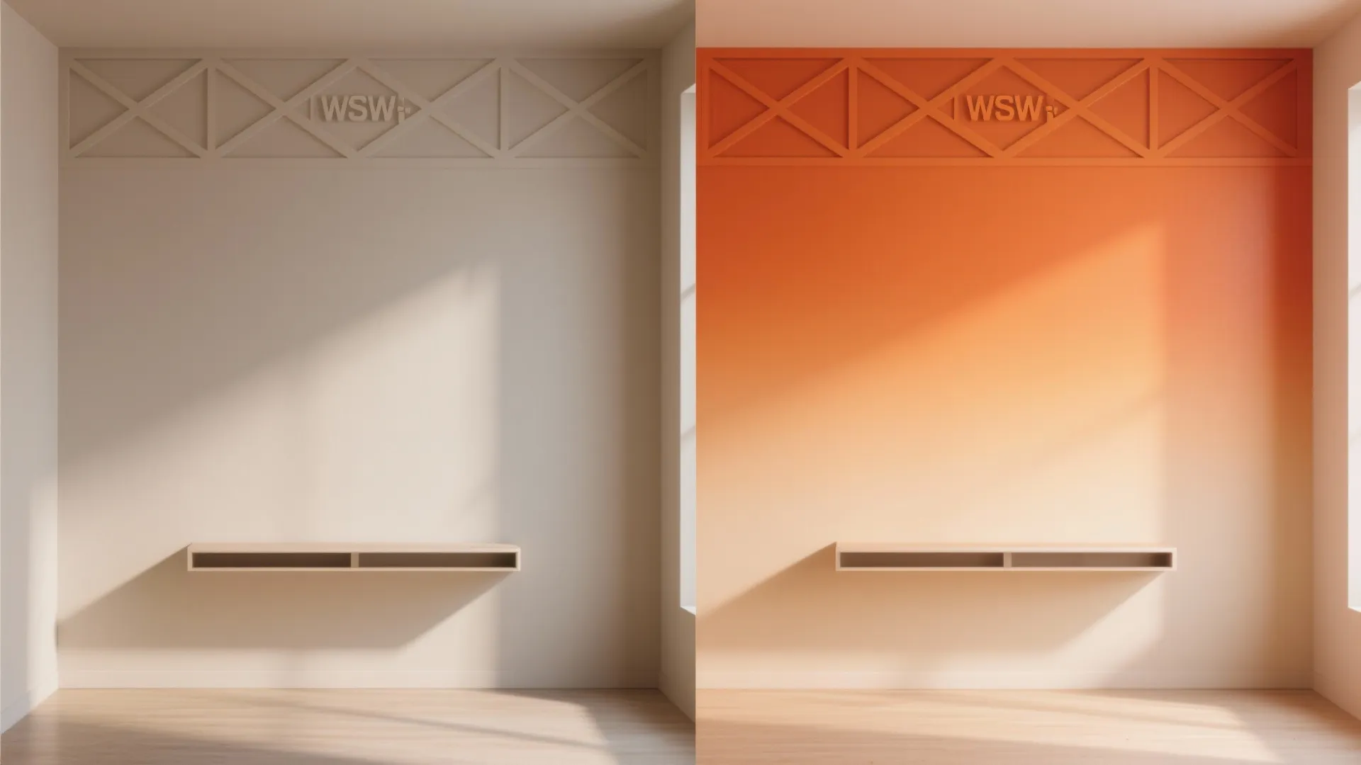 Side by side comparison of a plain white wall and bright orange gradient wall design