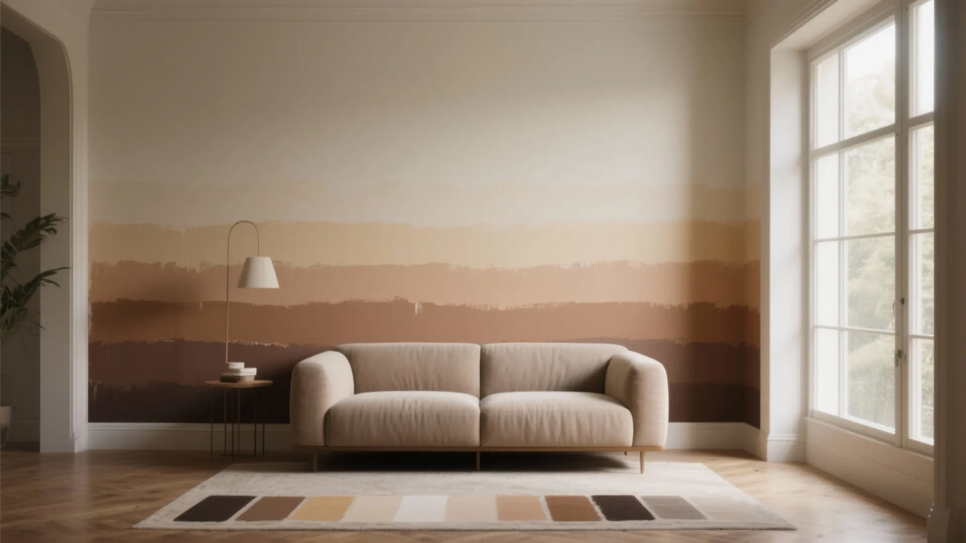Modern living room with ombre brown wall paint beige sofa floor lamp rug and large windows