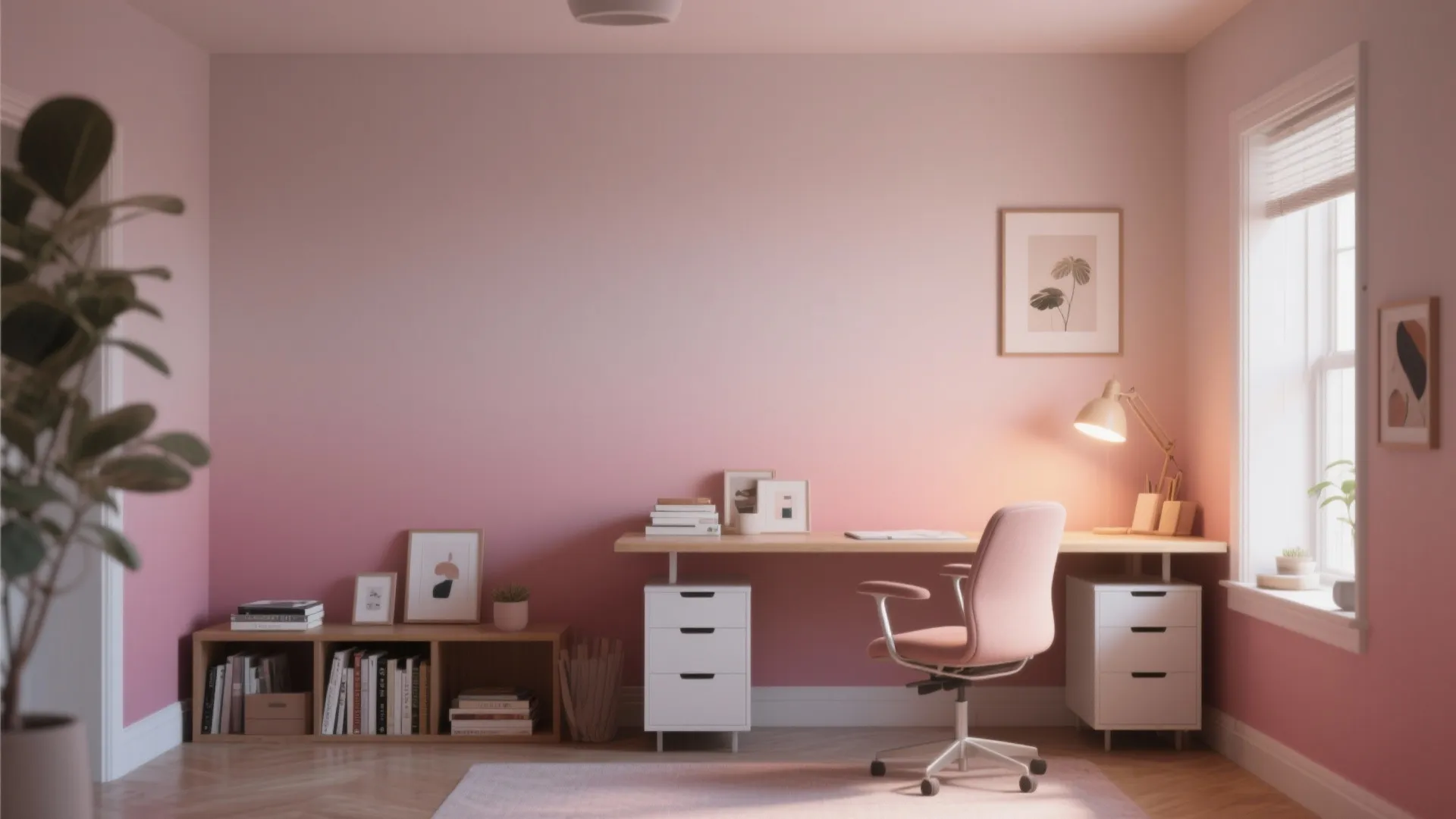 Pink ombre wall study room with wooden desk white cabinet pink chair and a window