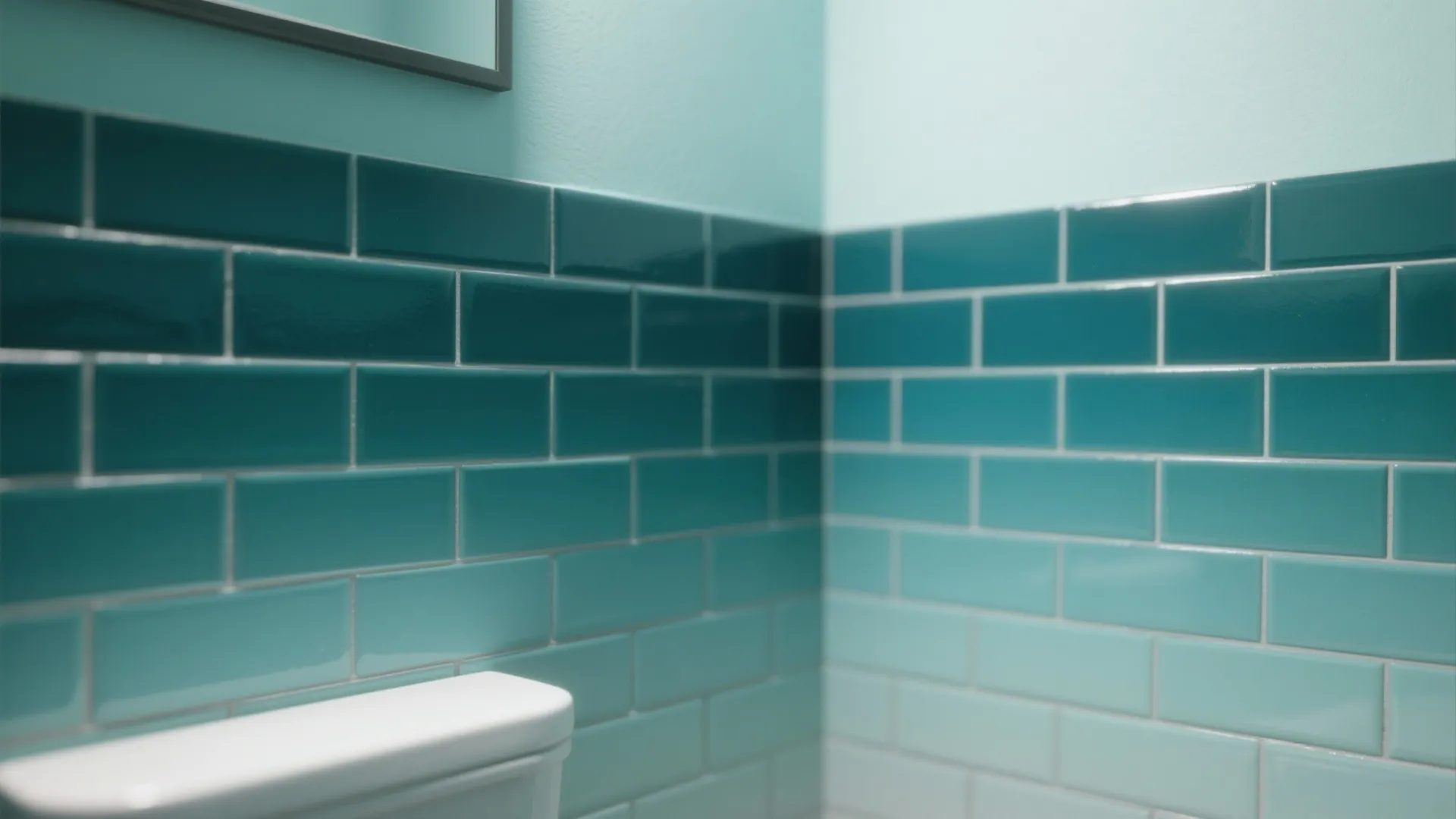 Close up of teal and light blue subway tiles on a bathroom wall with white toilet