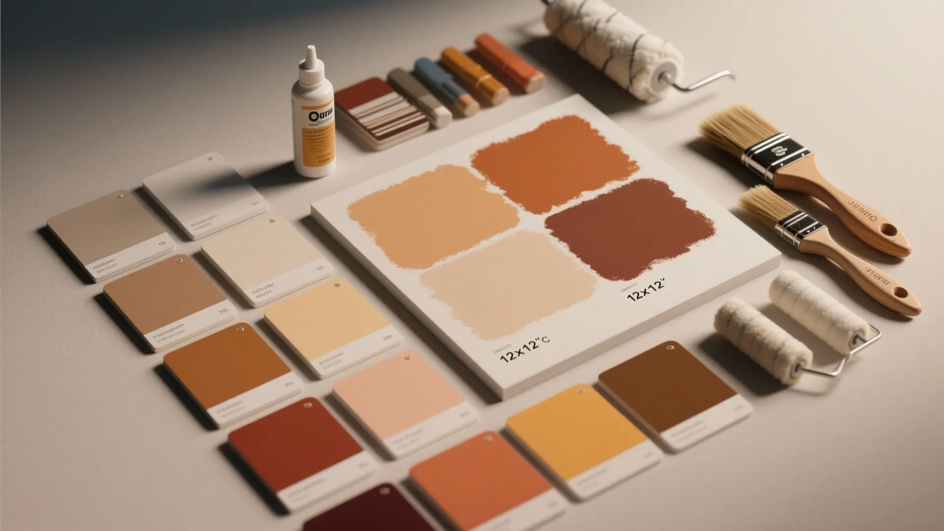 Collection of brown and orange paint color swatches with paint brushes and rollers on table