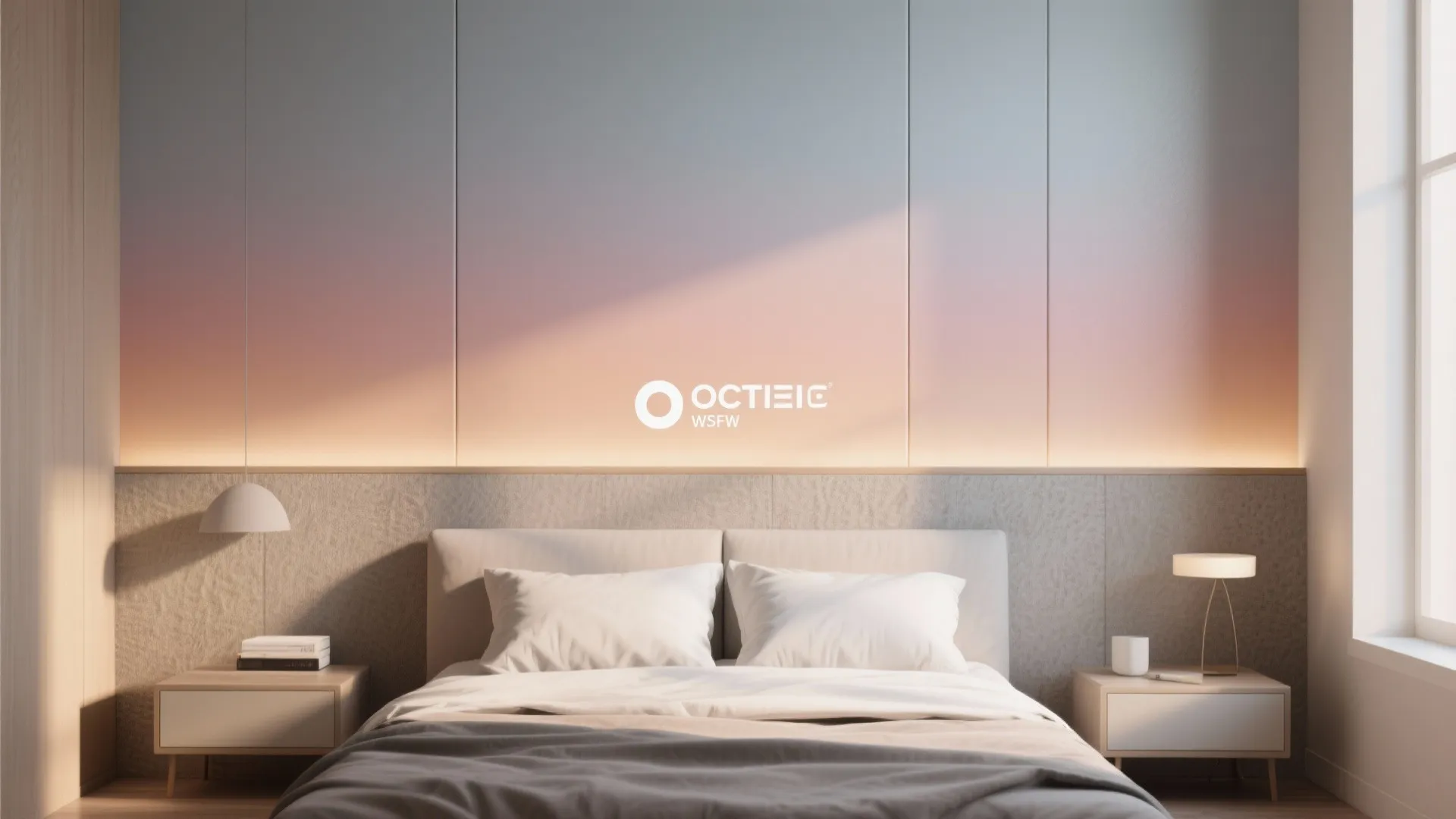 Minimalist bedroom with white bed pillows and an ombre wall panel in blue and orange