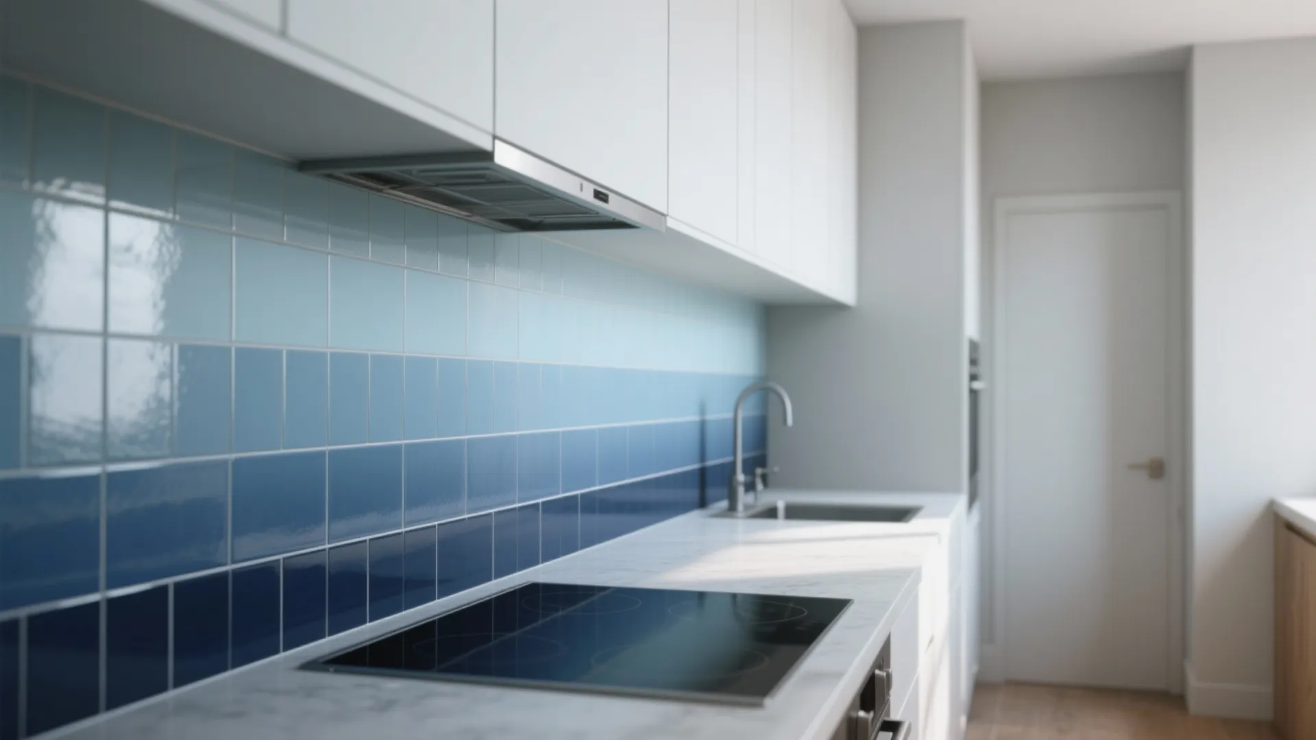Modern kitchen with blue ombre wall tiles white cabinets marble countertop stove sink and natural light