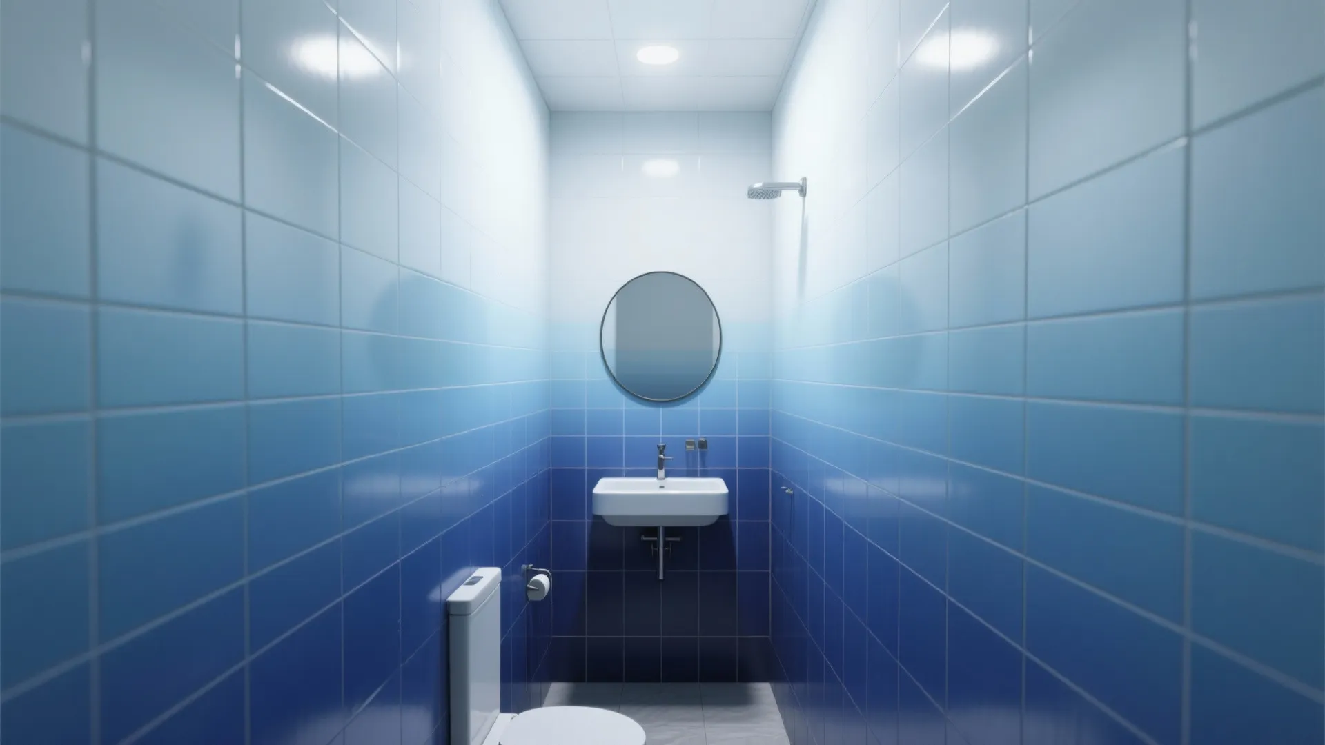Small bathroom with blue and white ombre wall tiles a round mirror and white sink