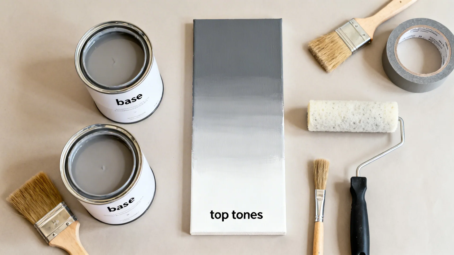 Two grey paint cans, gradient color board, three paint brushes, one roller, and adhesive tape