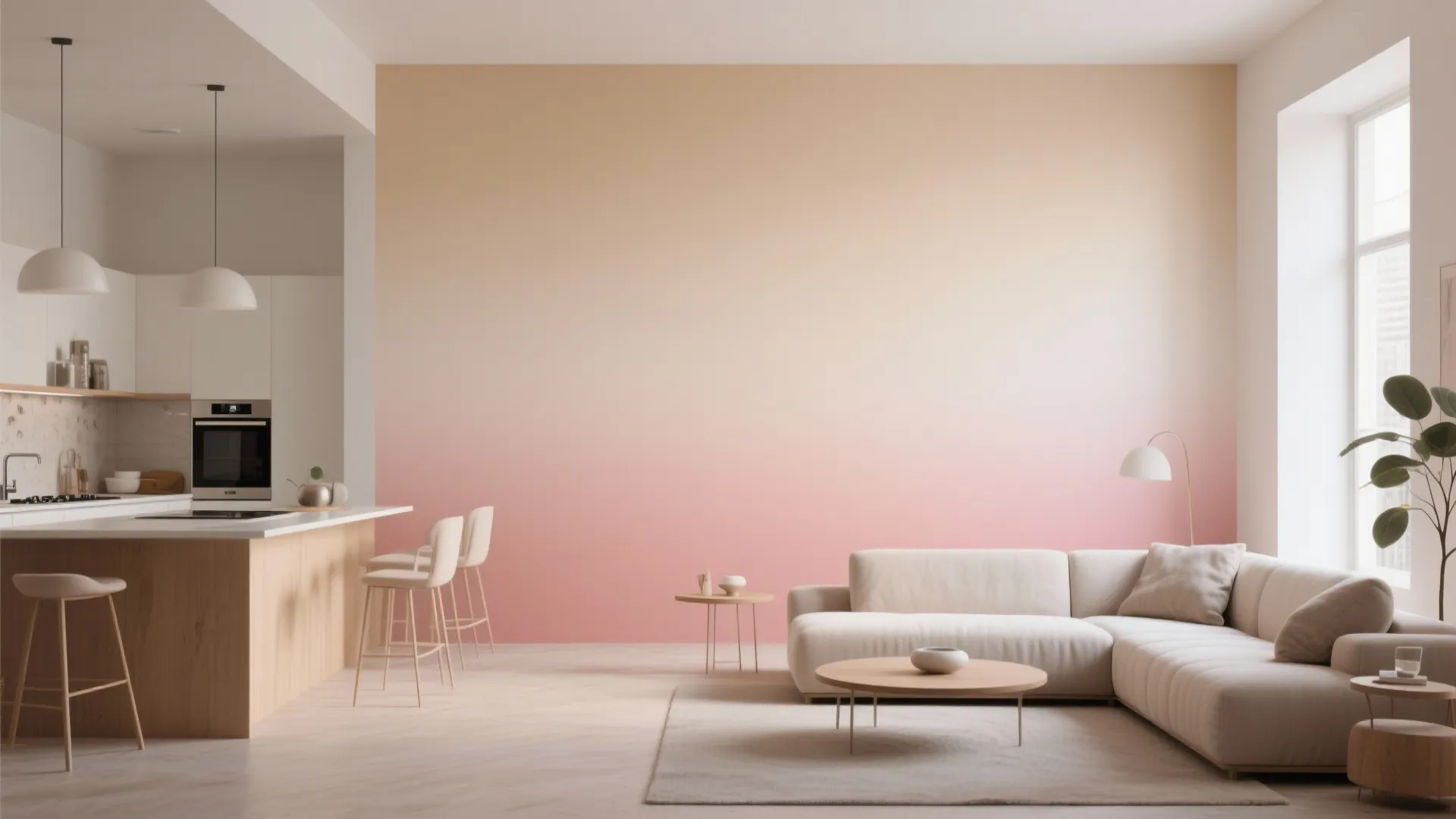 Ombre painted wall creating flow between kitchen and living room