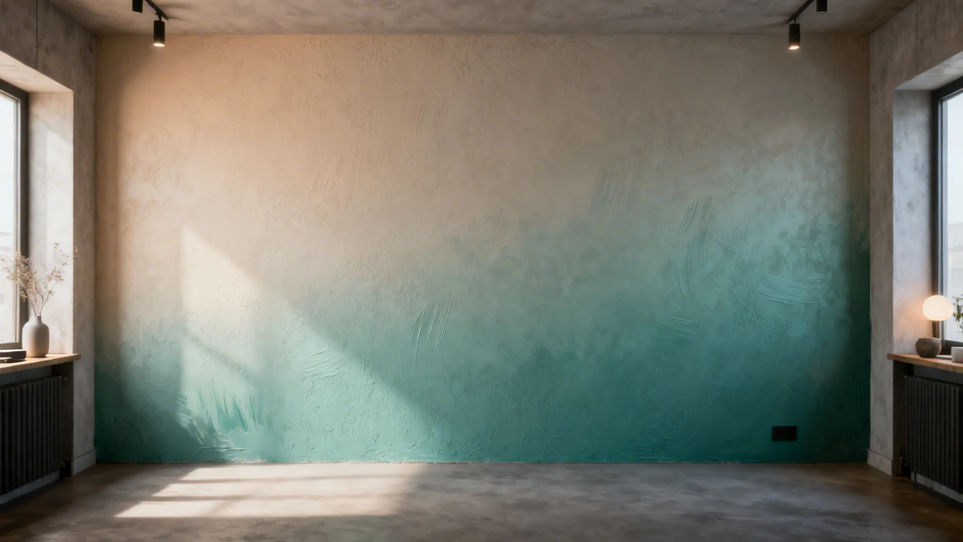 Soft ombre transition wall blending warm neutral to muted teal creating atmospheric depth.