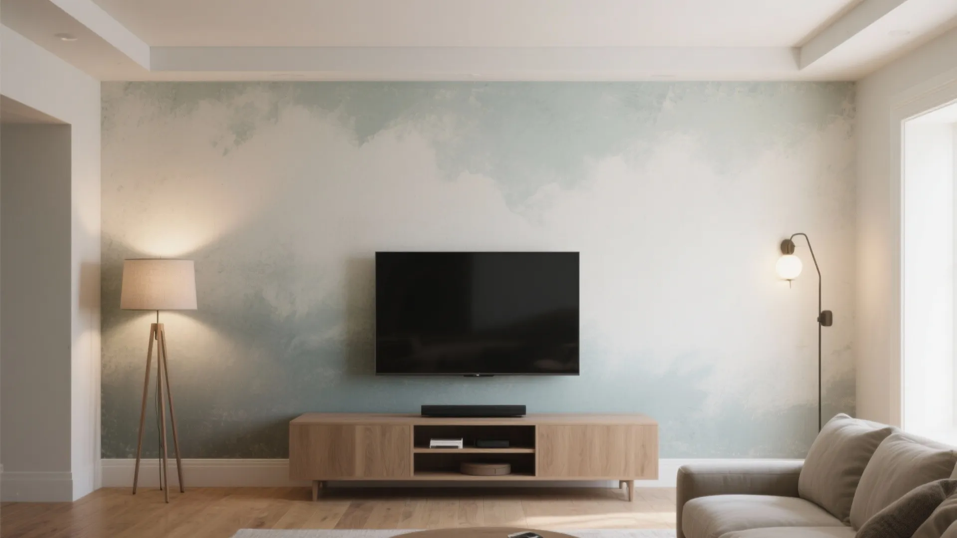 Minimalist living room with television on light blue textured wall floor lamp and wooden cabinet
