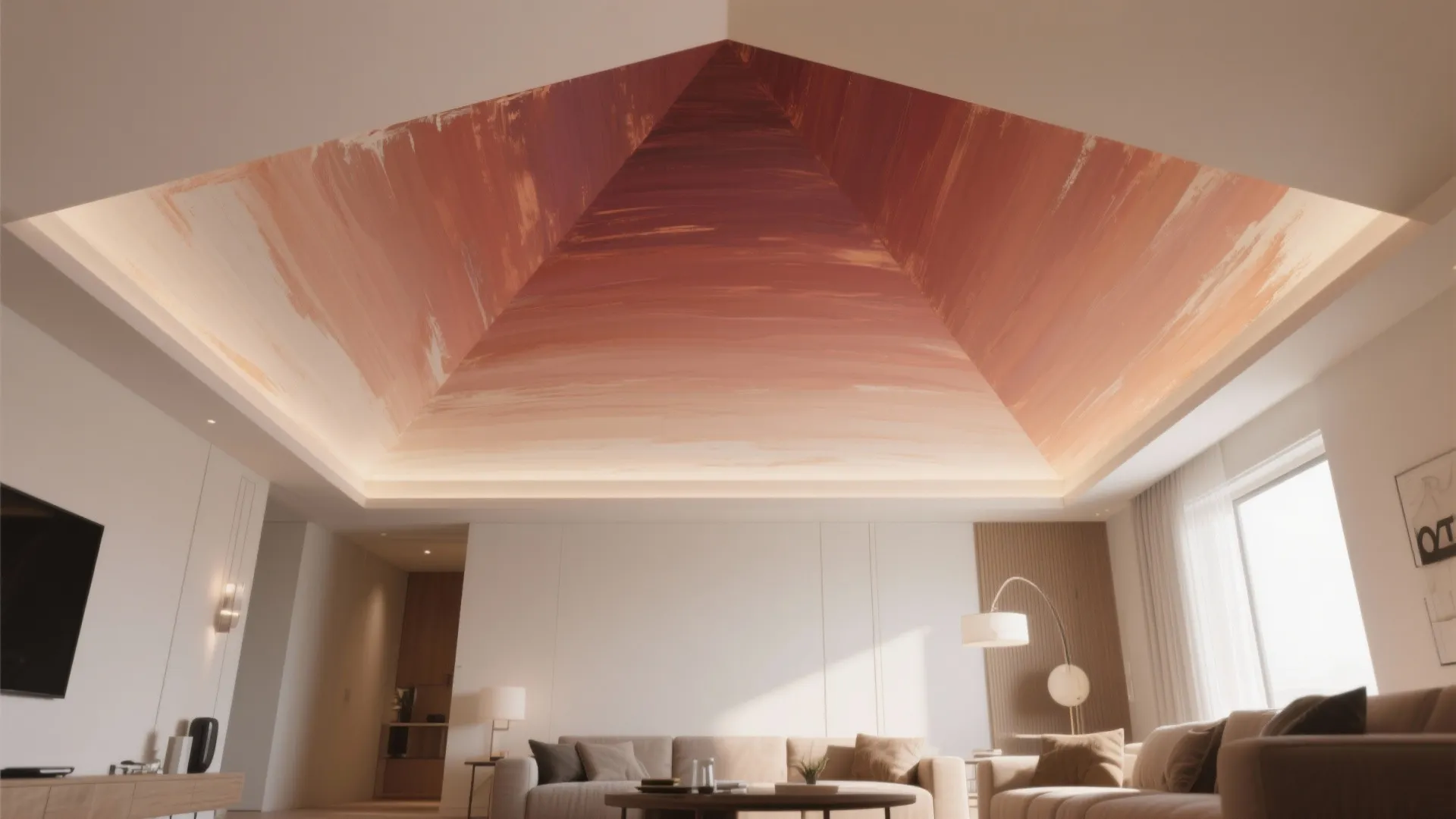 Living room interior design drawing showing a decorative orange shaded ceiling with hidden light fixtures
