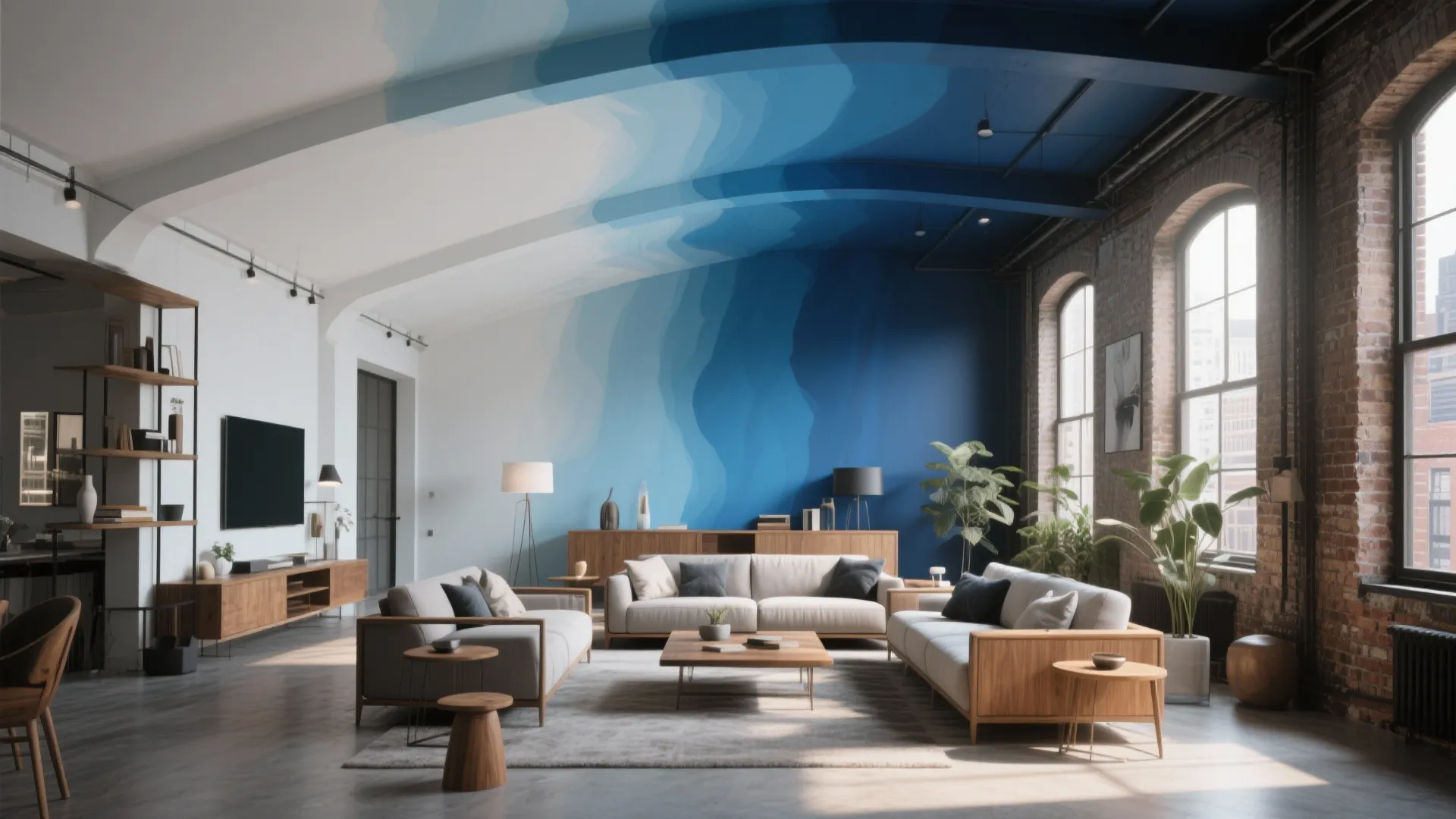 Modern industrial living room featuring a blue ombre painted vaulted ceiling with large brick windows