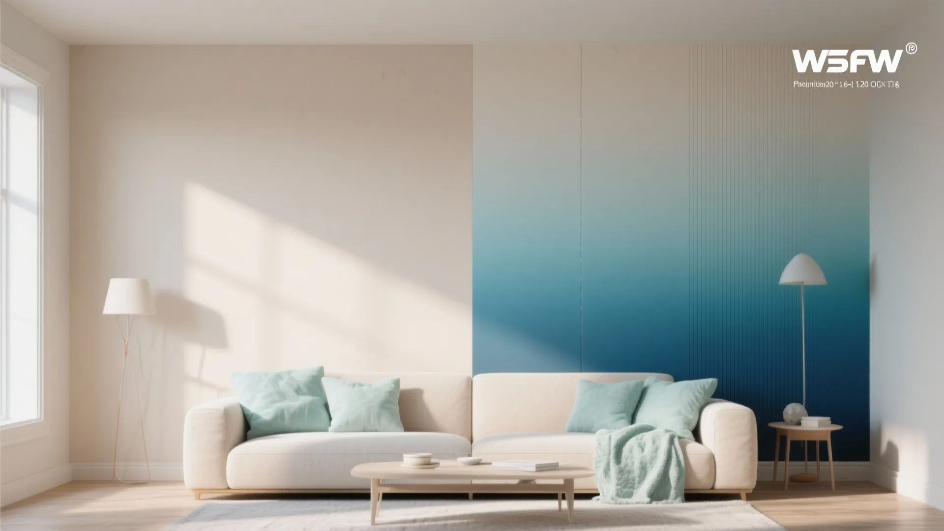 Modern living room with cream sofa coffee table floor light and blue ombre wall panel design