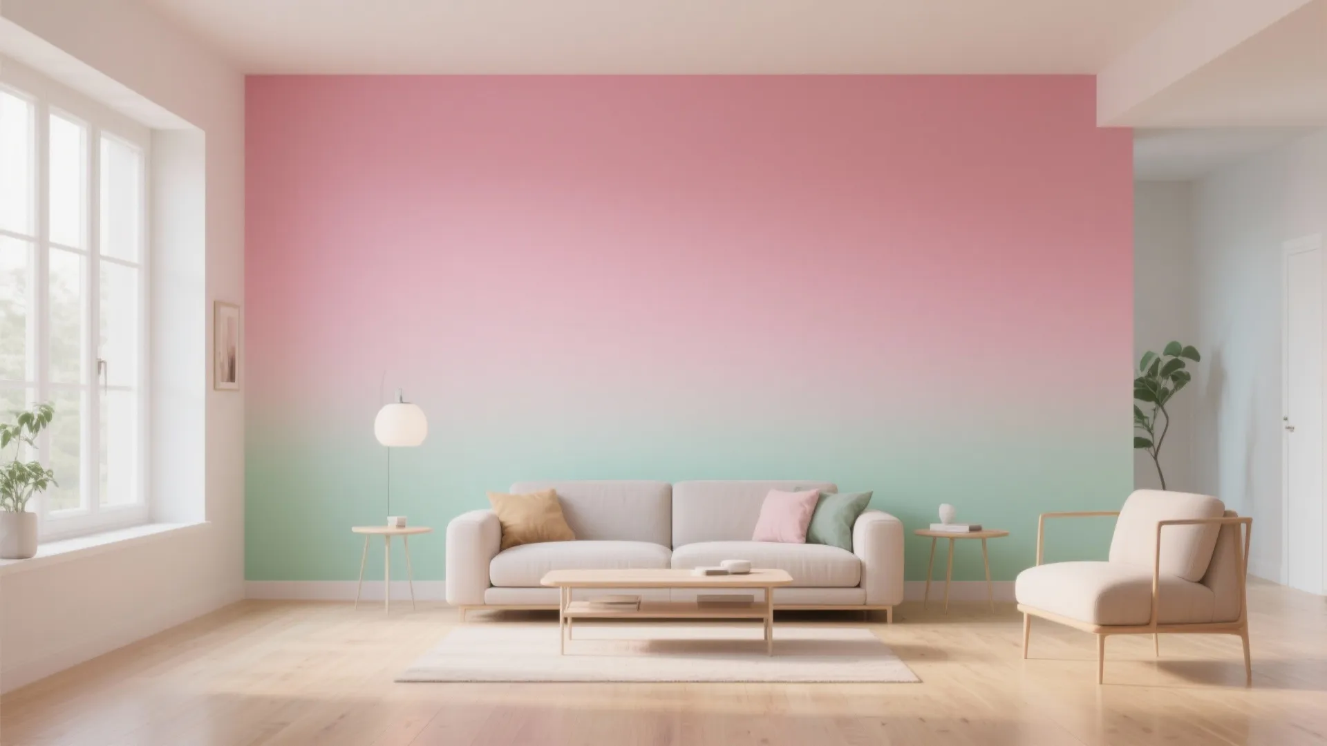 Modern living room featuring pink and green ombre wall with white sofa and wooden table