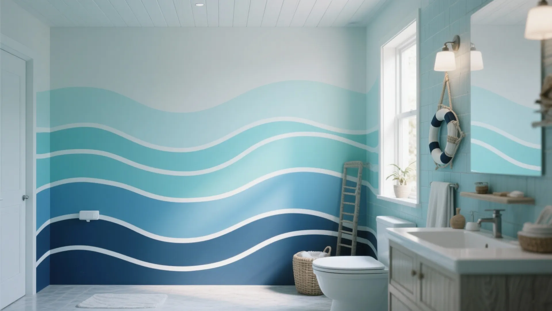 Bathroom with ombre wave stencil wall in blue shades
