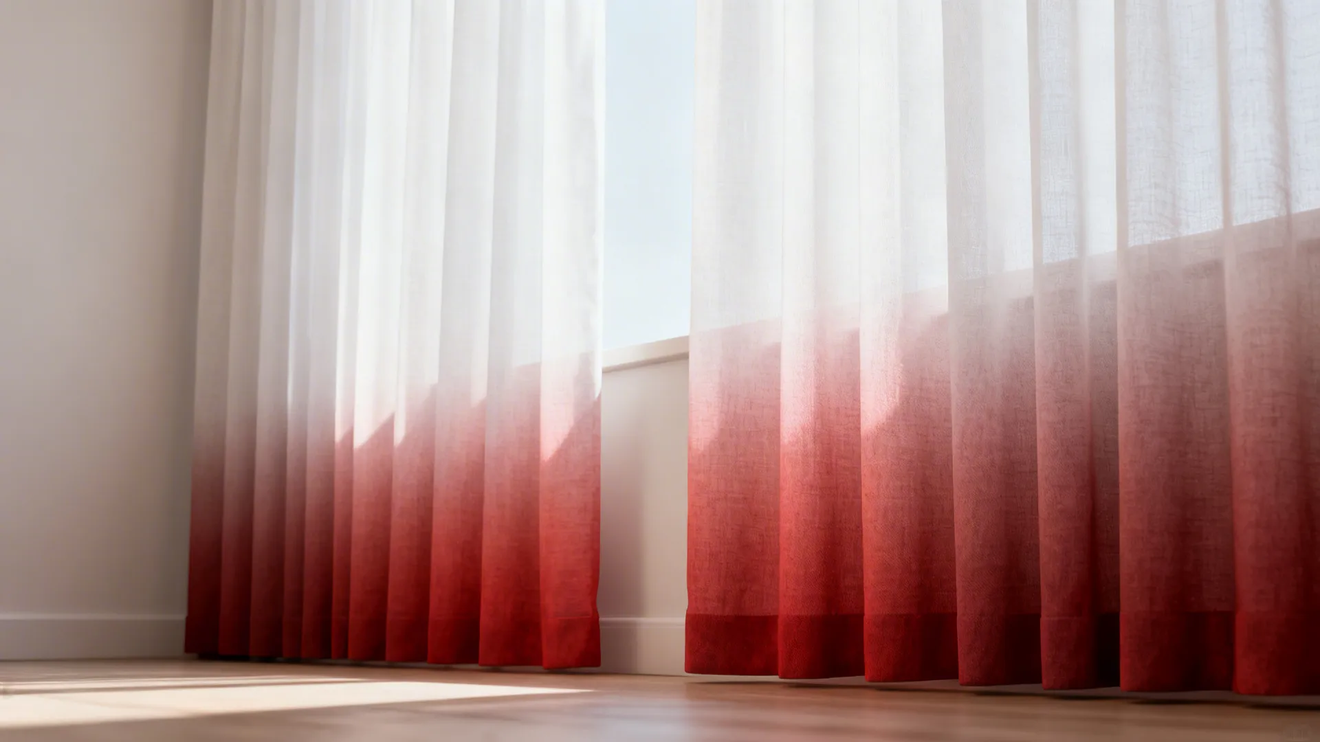 Ombre curtains fading from white to muted red in a minimalist Scandinavian living room.