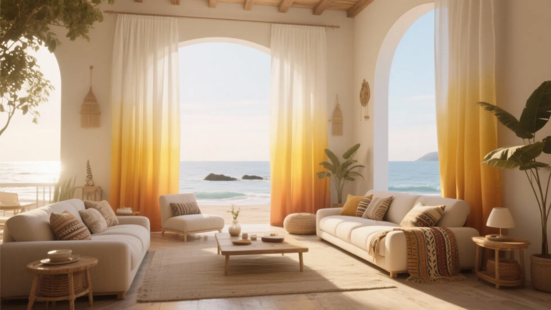Coastal living room featuring yellow ombre curtains white sofas wooden coffee table and beautiful ocean view