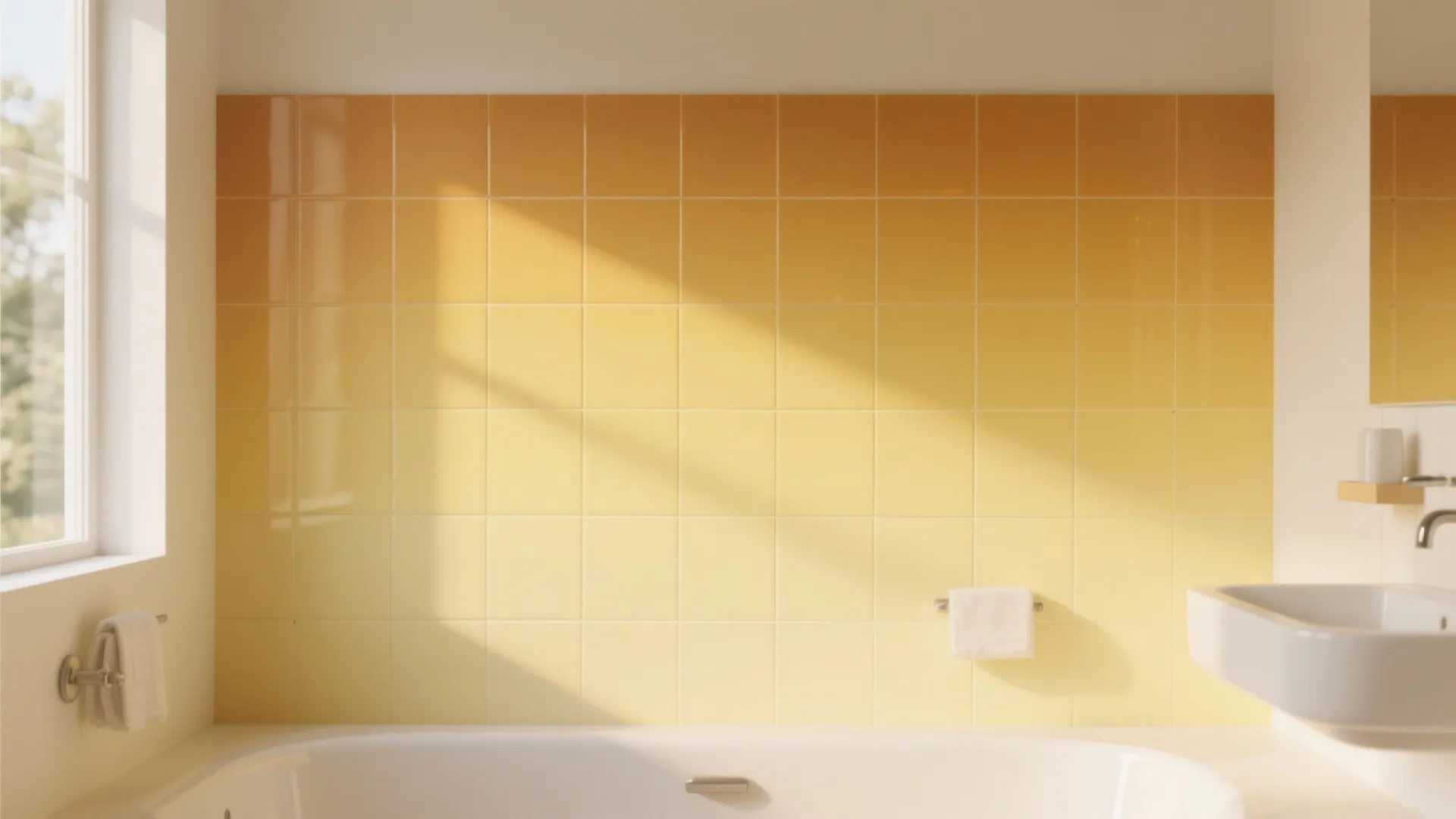 Modern bathroom featuring orange to yellow gradient wall tiles with white bathtub and ceramic sink
