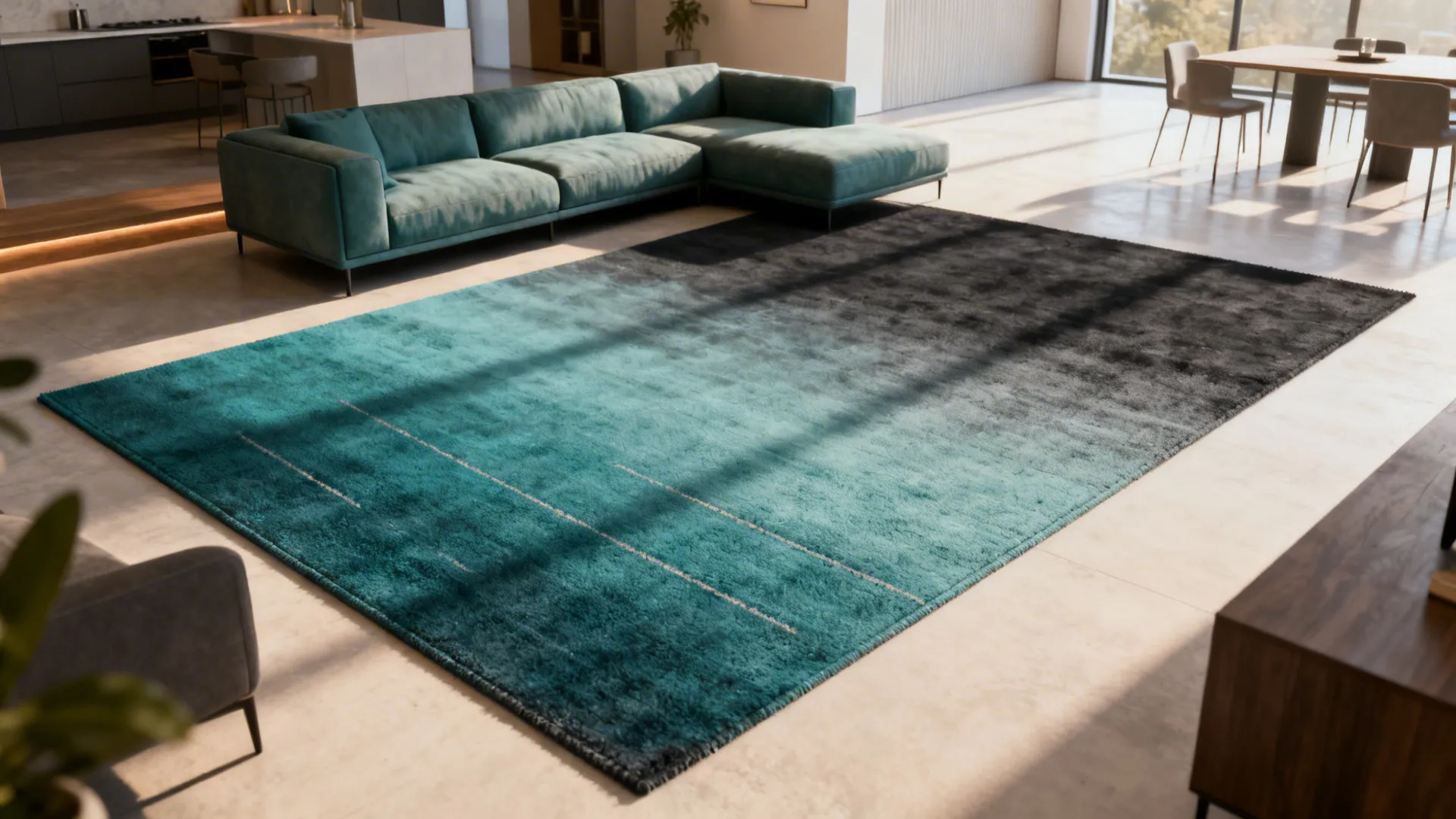 Open-plan living area with a teal-to-charcoal ombré rug marking the seating zone.