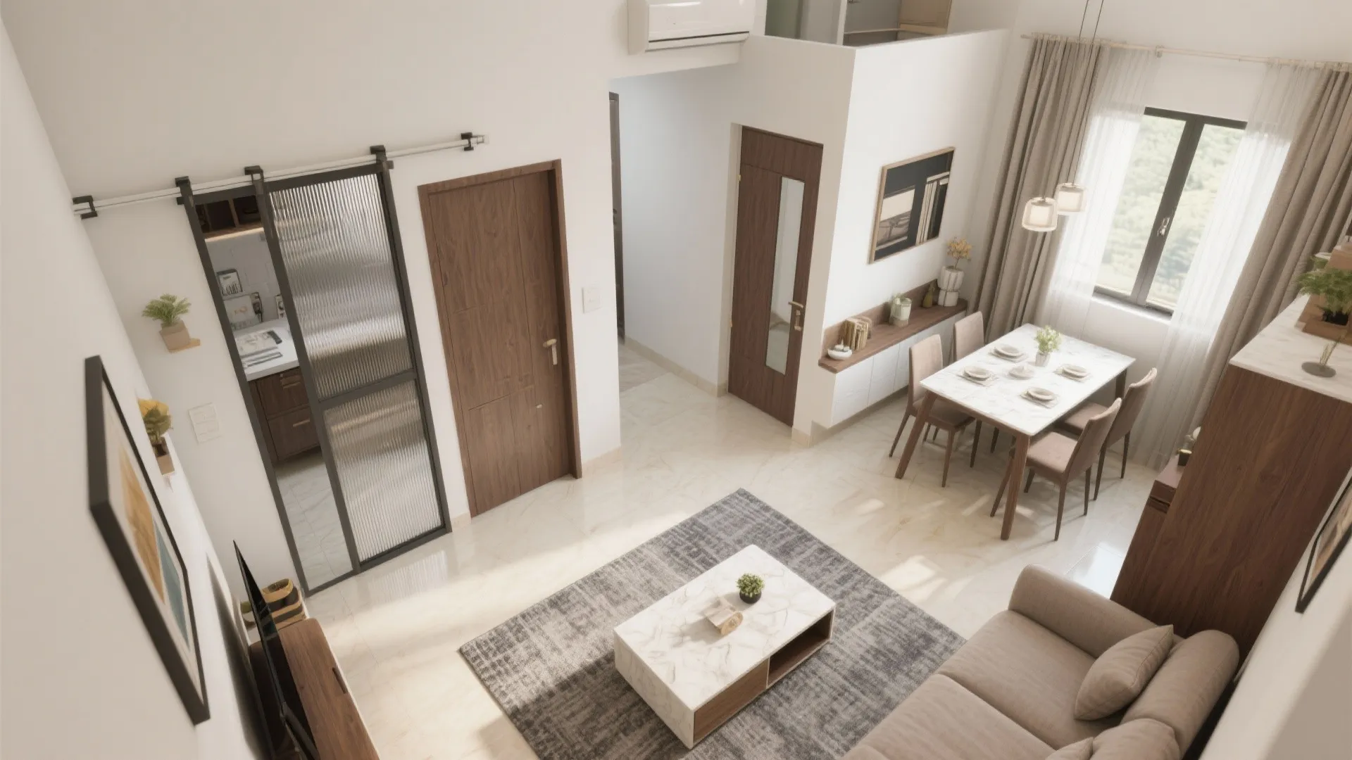 Open living-dining with flexible partitions