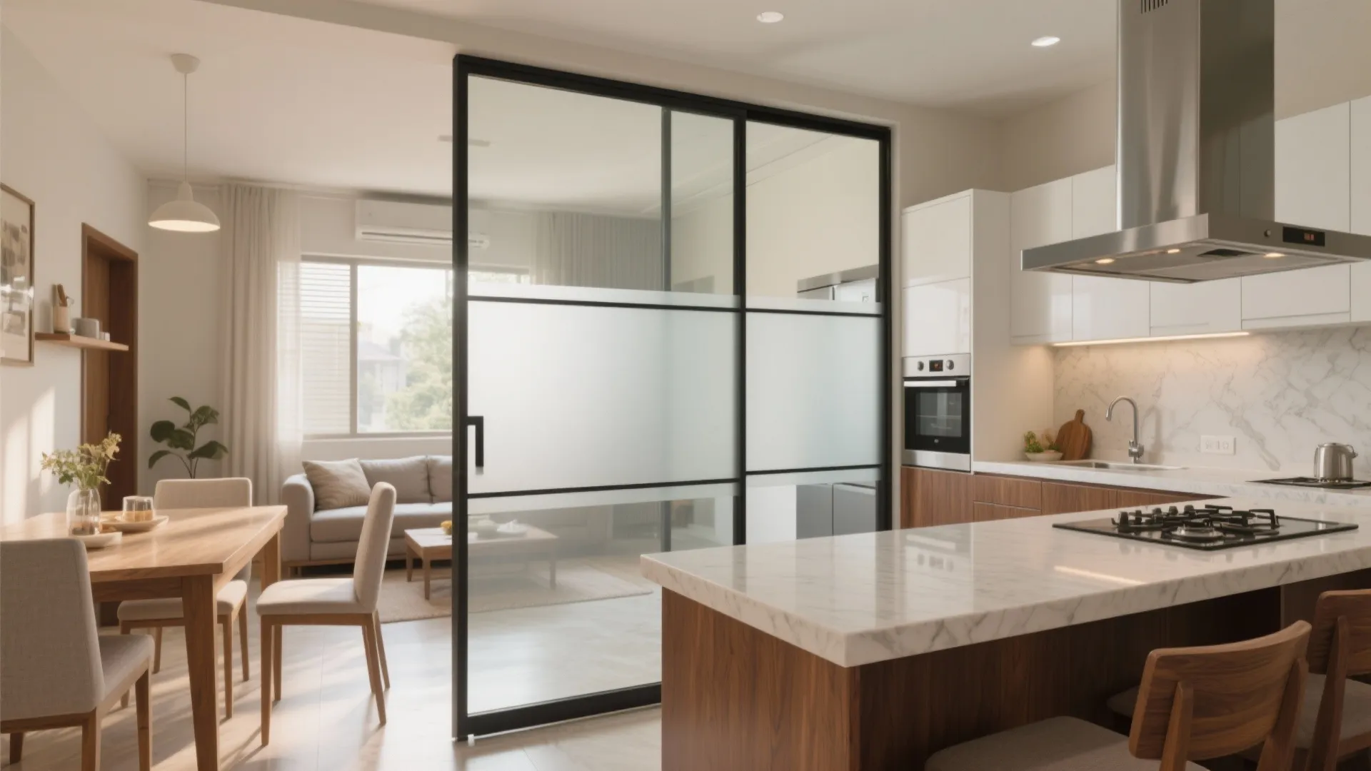 Open Kitchen with Sliding Glass Partition