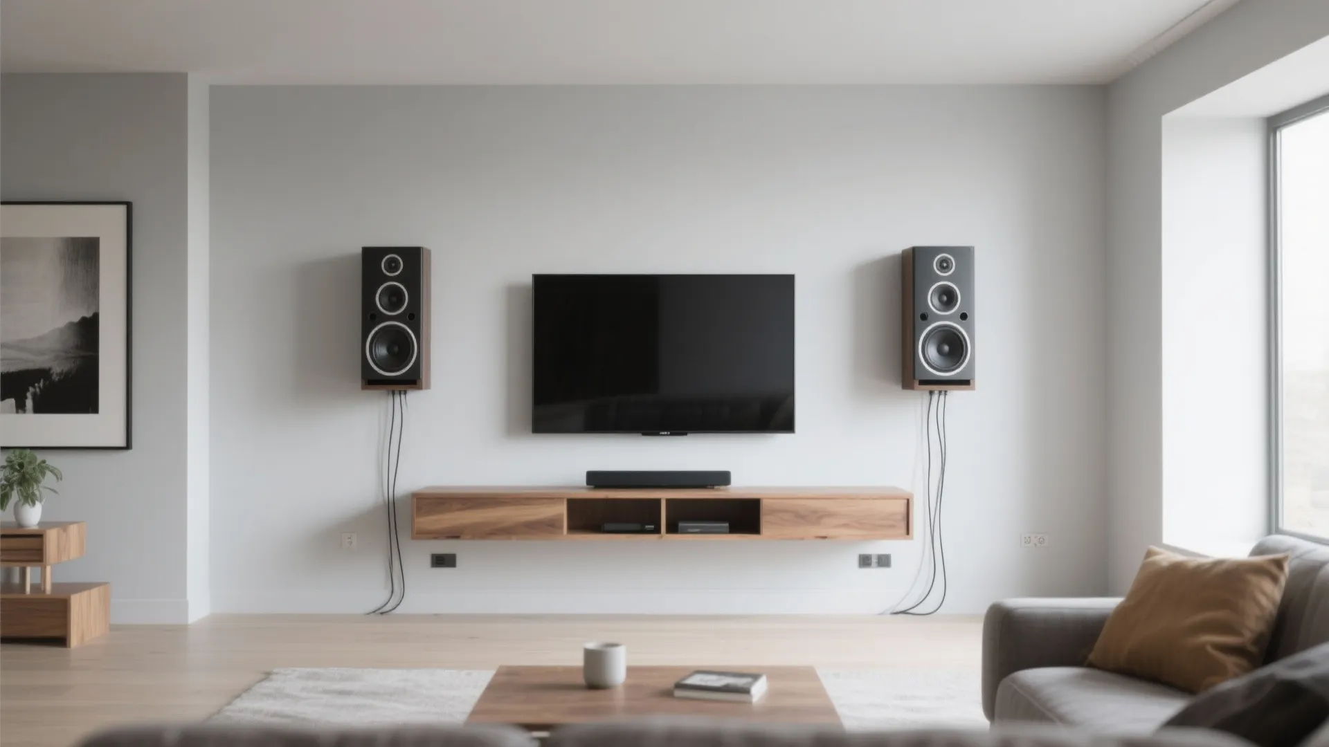 Shallow on-wall speakers flanking a TV in a compact living room with hidden cables.