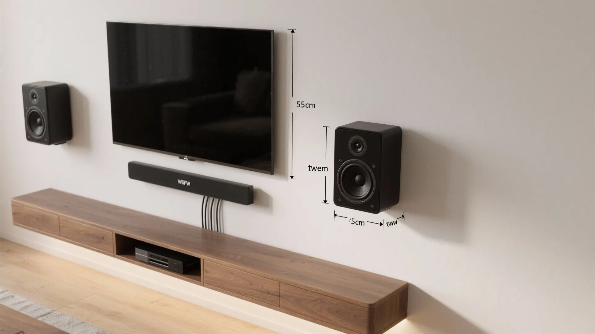 Top-down wall layout showing on-wall speaker height, toe-in, and cable channel.