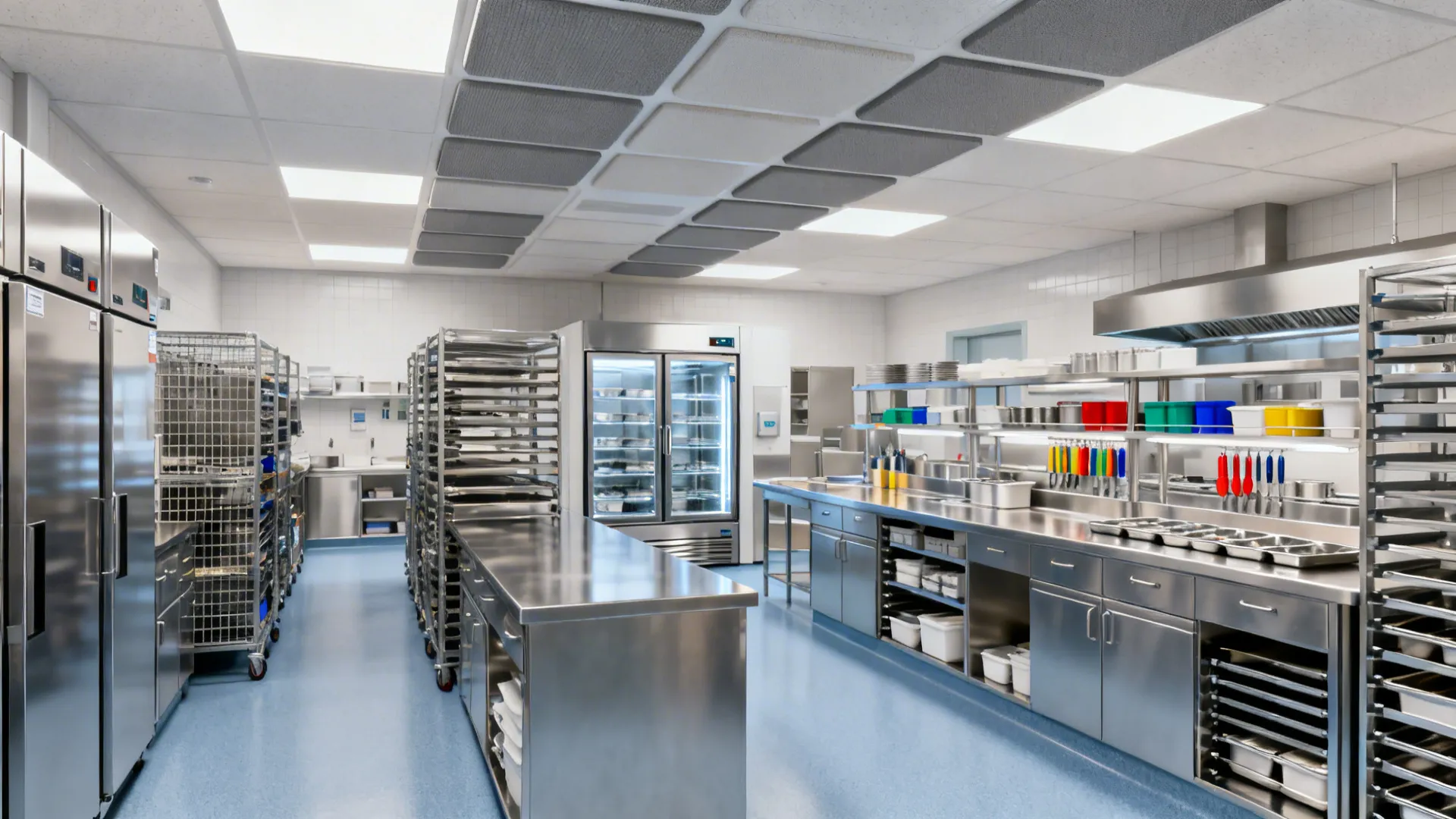 Before-and-after of a compact oncology diet kitchen with pass-through and zoned storage.