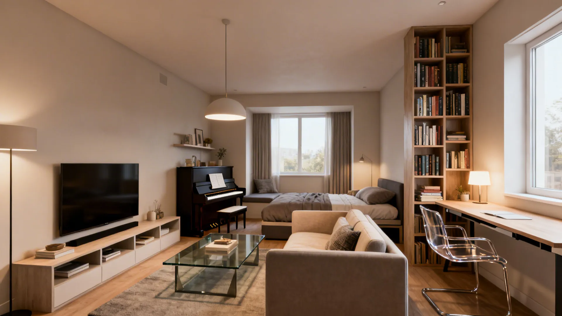Studio apartment layout with a bed piano sofa glass coffee table and tall wooden bookshelf