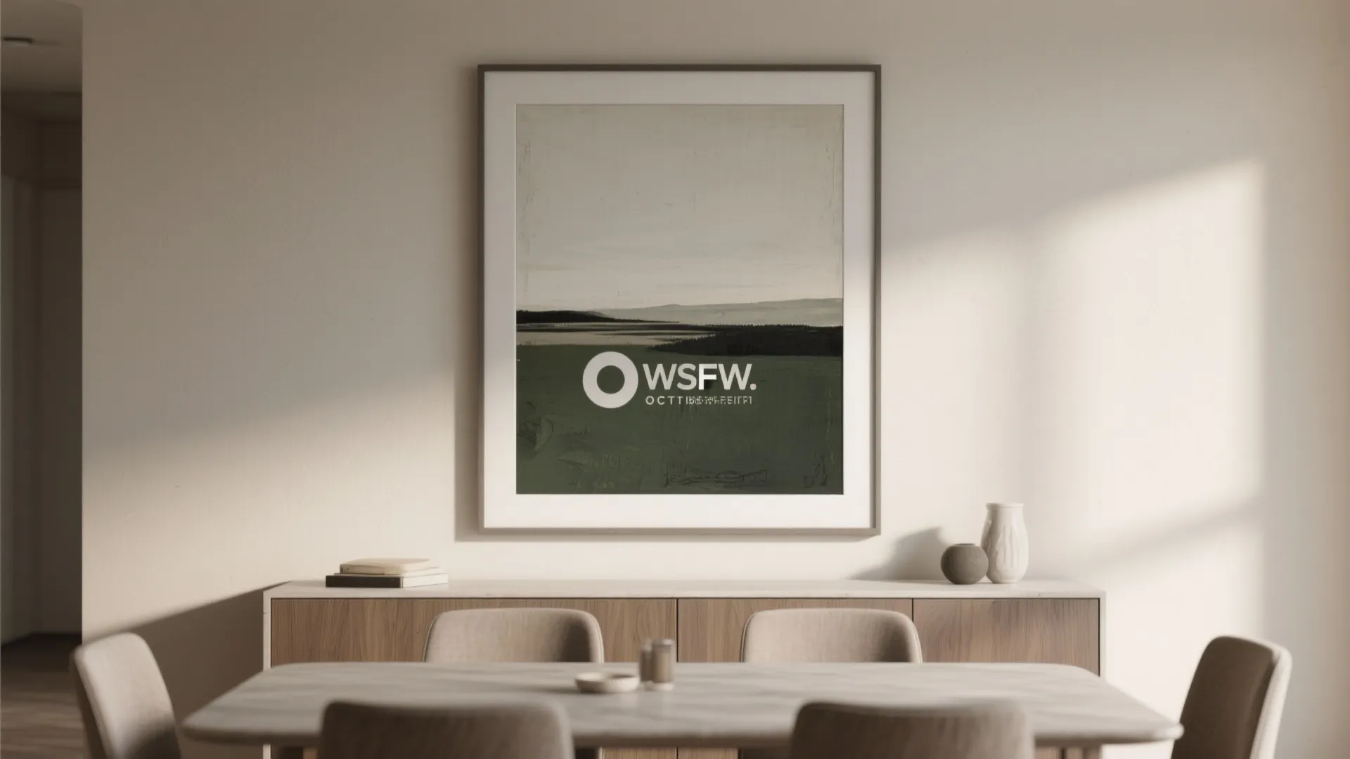 Dining wall anchored by one oversized framed canvas above a buffet in warm neutral tones.