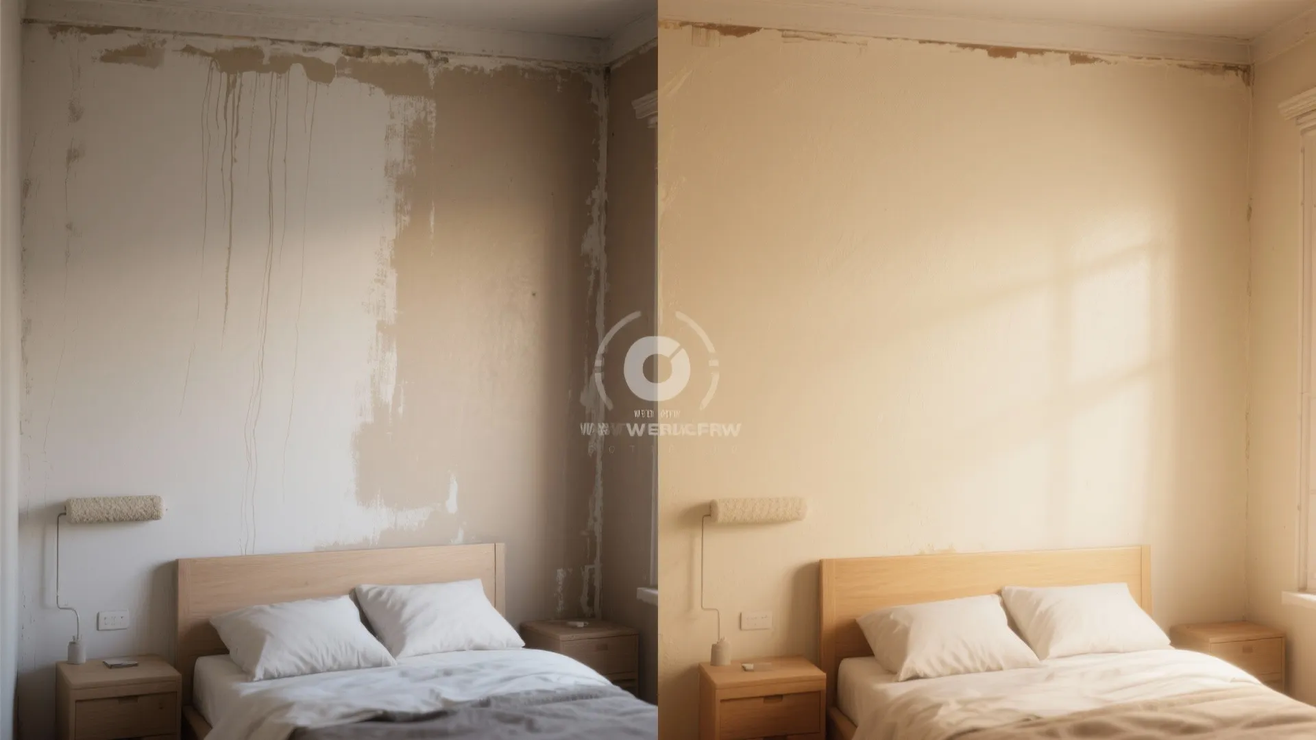 Before-and-after comparison showing thin single-coat coverage versus smooth two-coat finish on the same wall.
