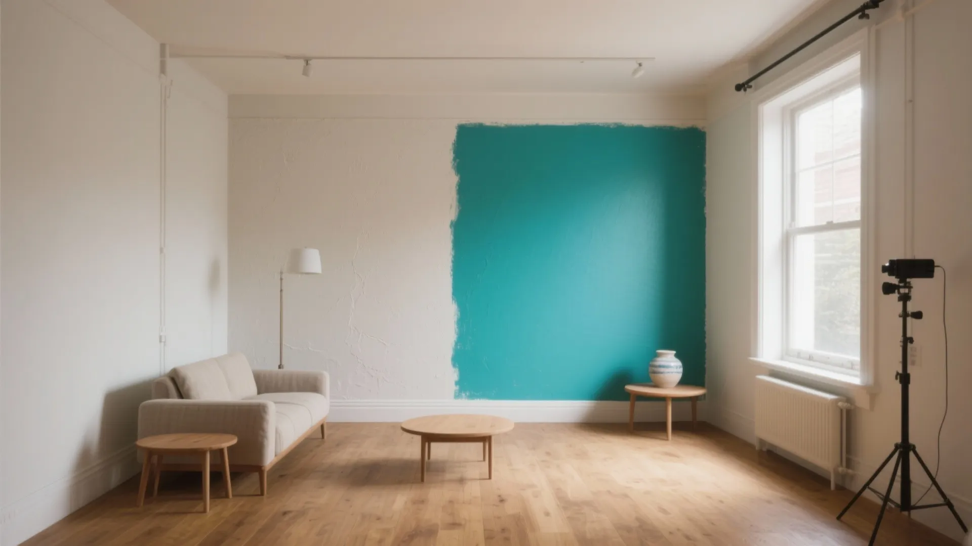 Living room with sofa wood floor and teal paint being applied to a white wall