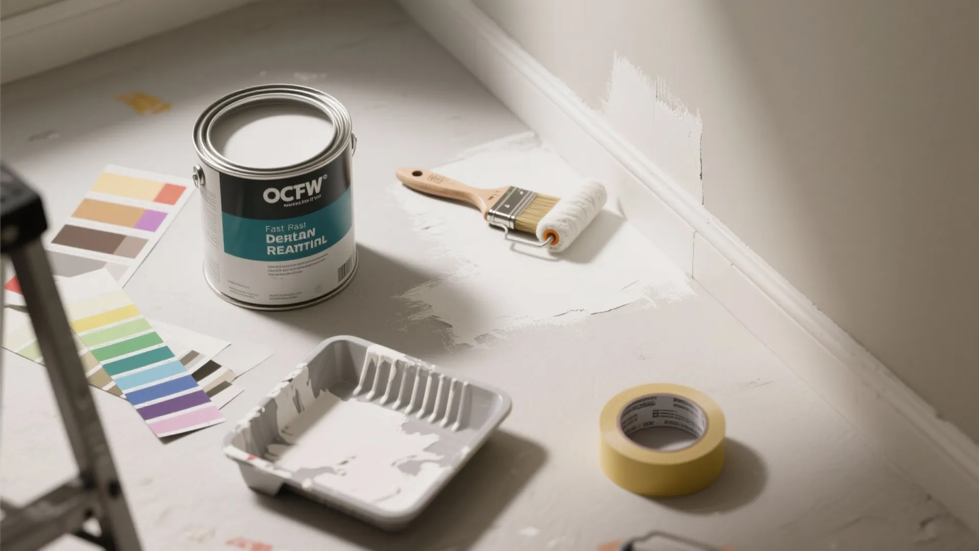 Painting tools with white paint can and roller brush used for refreshing a wall panel