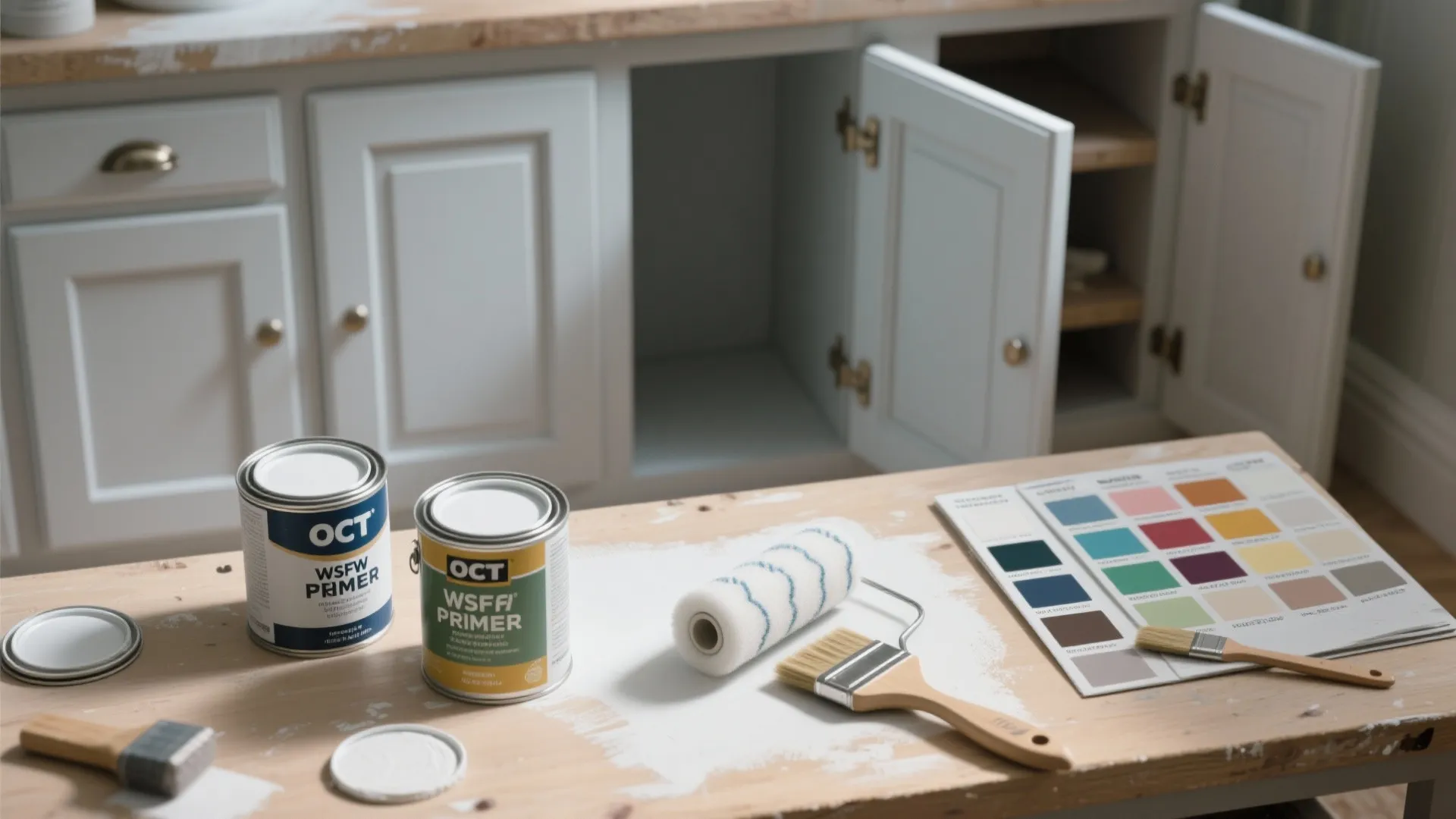 Top-down view of cabinet doors, one-coat paint supplies, rollers and swatches on a clean workspace