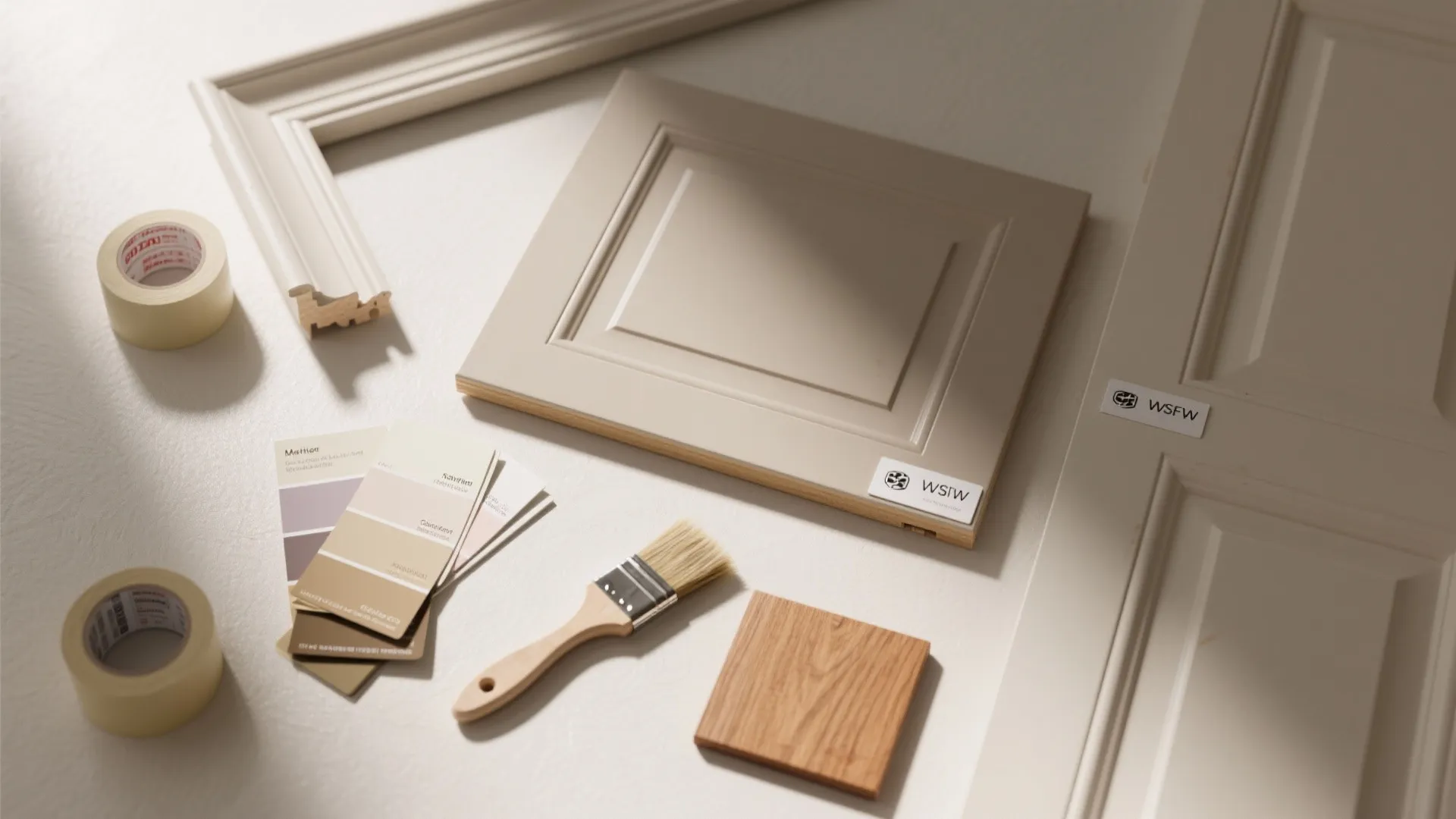 Paint swatches brush masking tape and wood sample next to beige wall panel cabinet door