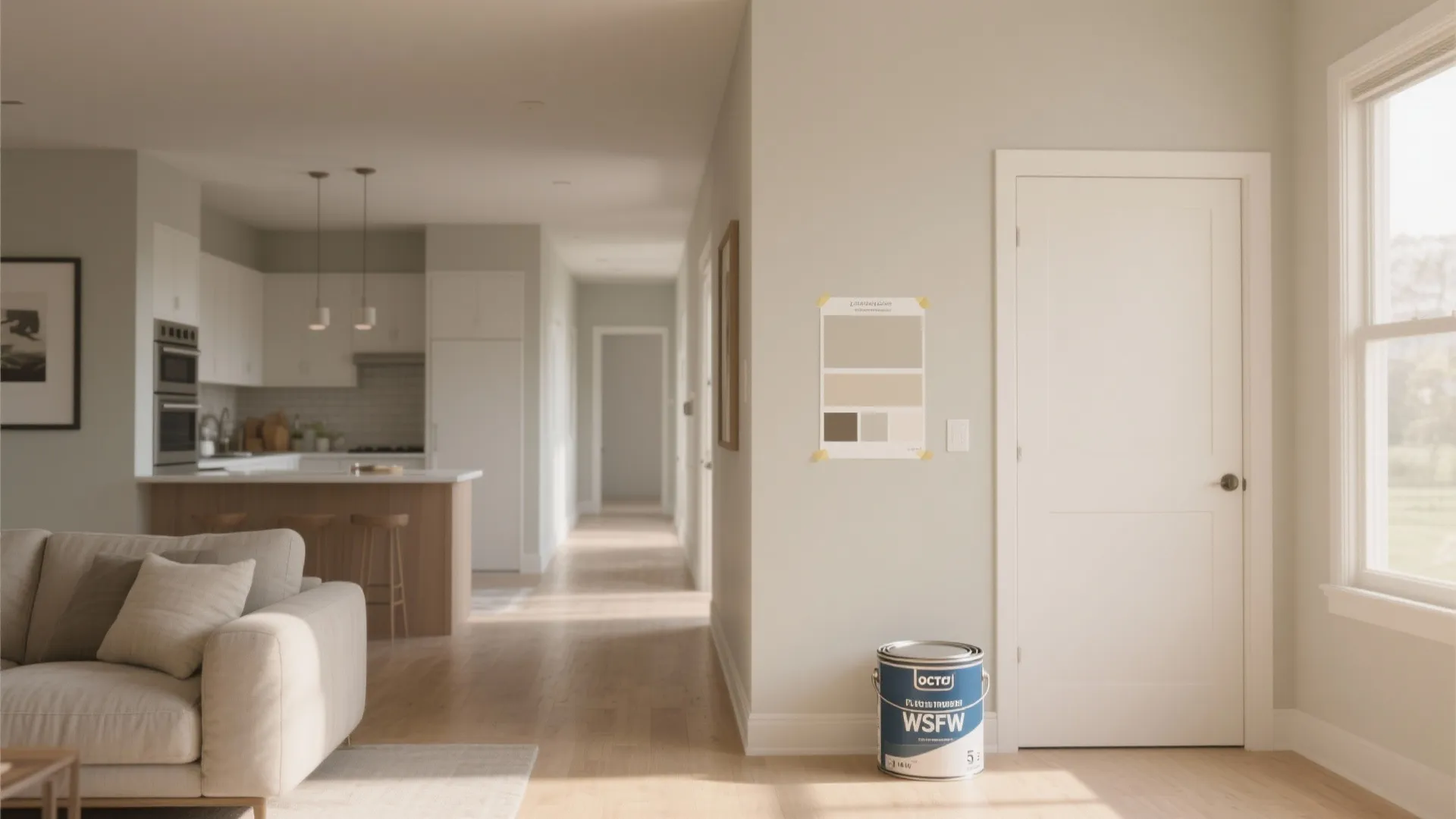 Modern open living room with grey sofa wooden floor and hallway leading to white kitchen