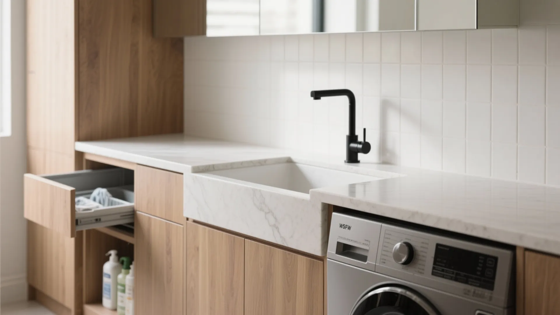 Marble sink with black faucet installed on wood cabinets next to a silver front load washer