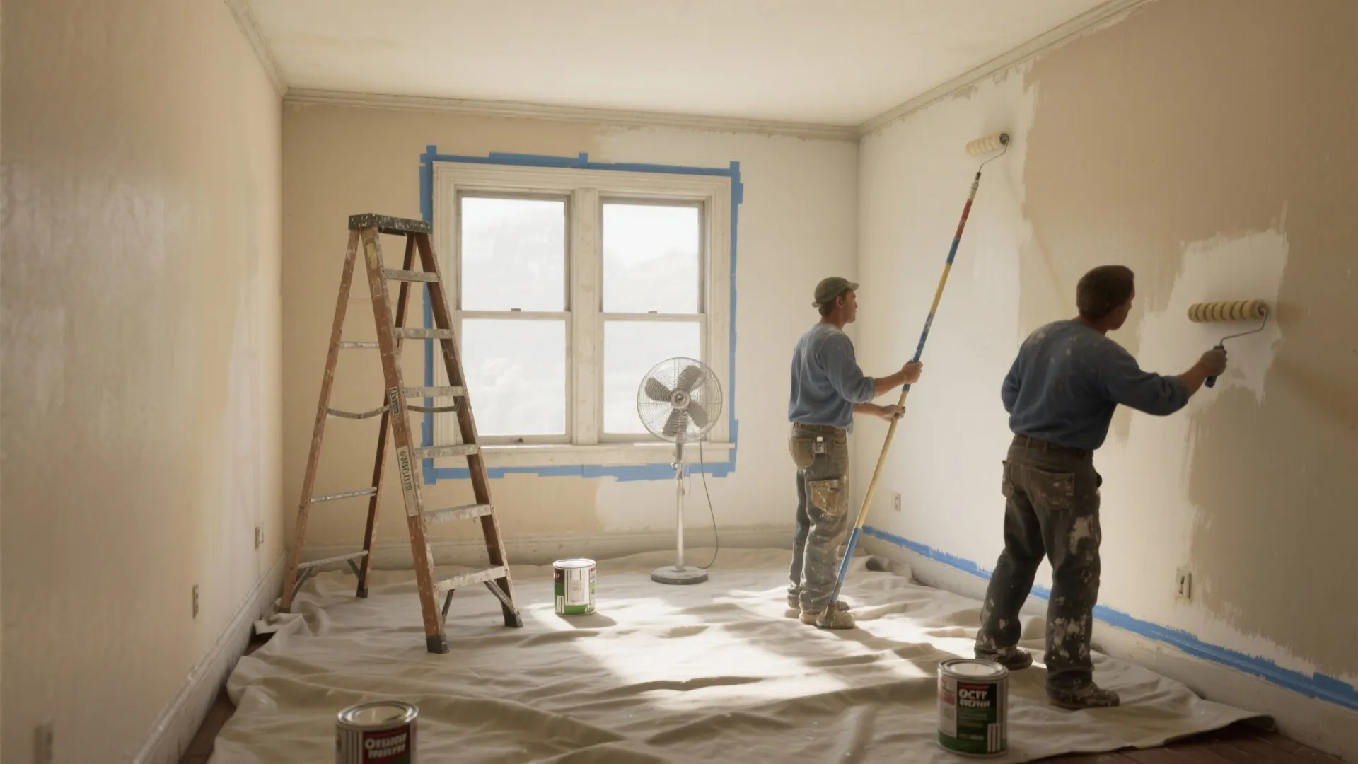 Two workers painting empty room white using rollers with ladder and floor protection sheets inside