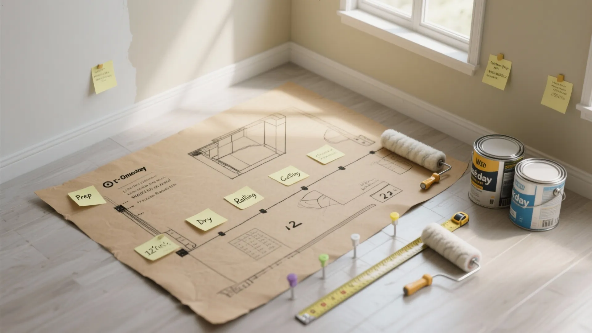 Top-down view of a floorplan sketch and timeline notes showing a one-day paint schedule for a 12x12 room.