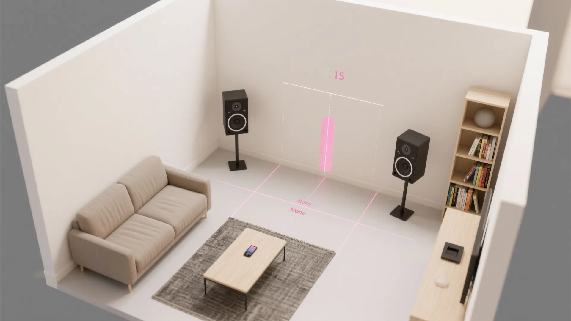 Small living room layout with sofa and speakers showing measurement lines for home theater setup