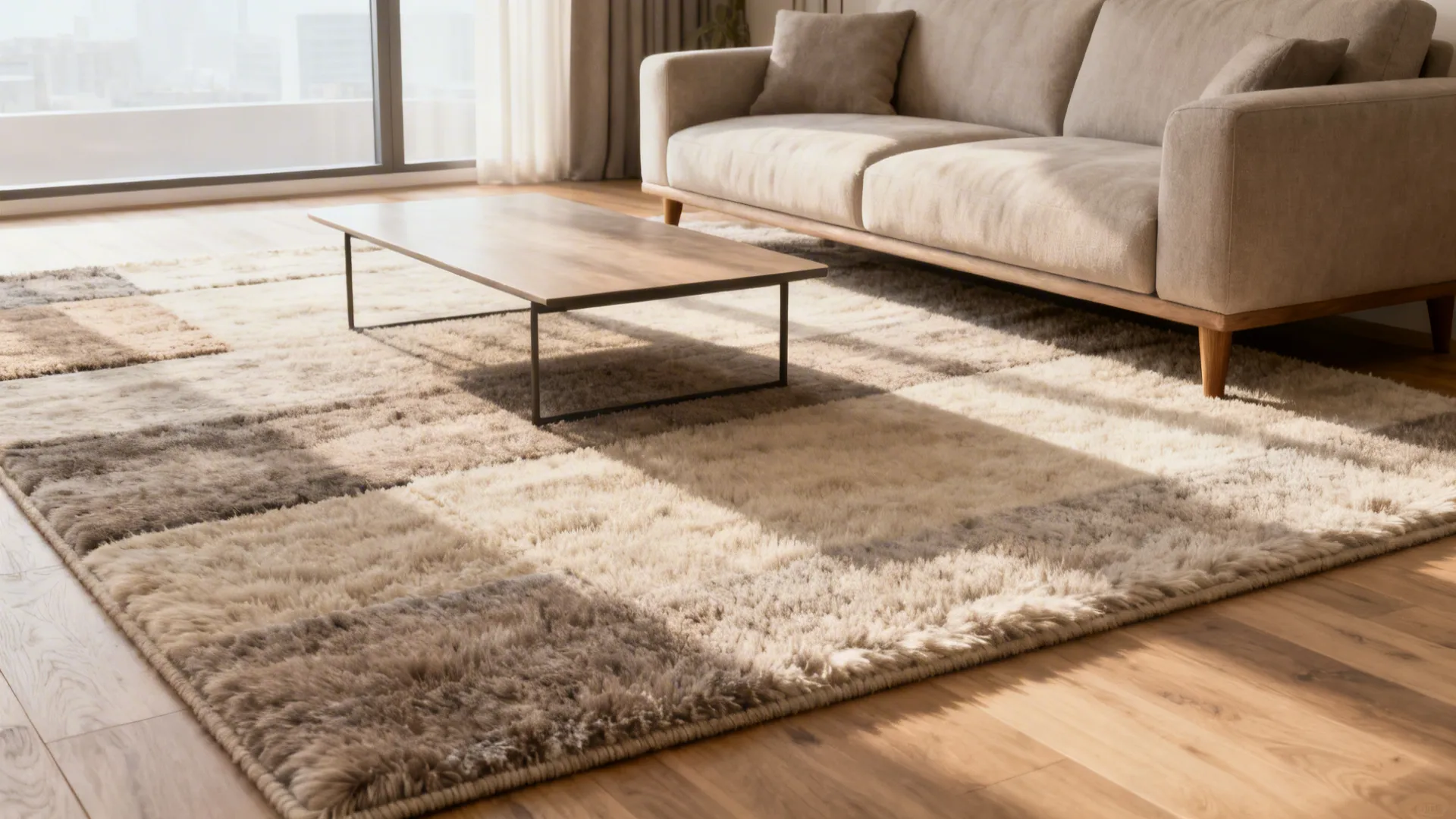 Modern living room interior featuring large checkered fluffy rug placed under sofa and wooden table