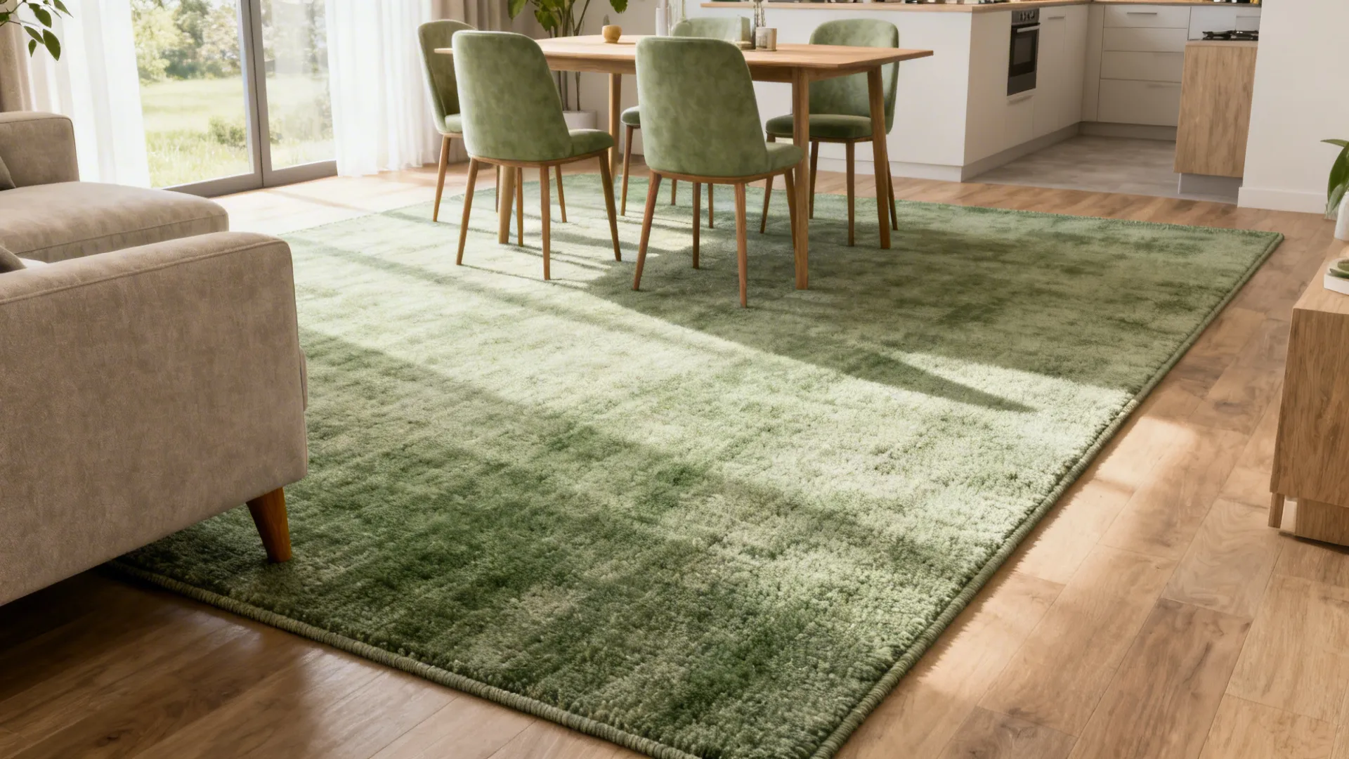 Large green rug placed under a wooden dining table and green chairs on wooden floor